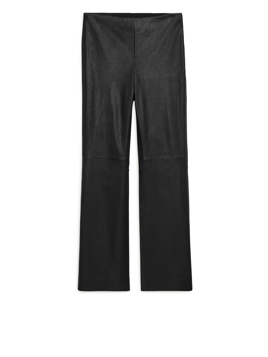 Cropped Stretch Leather Trousers-Black-1832