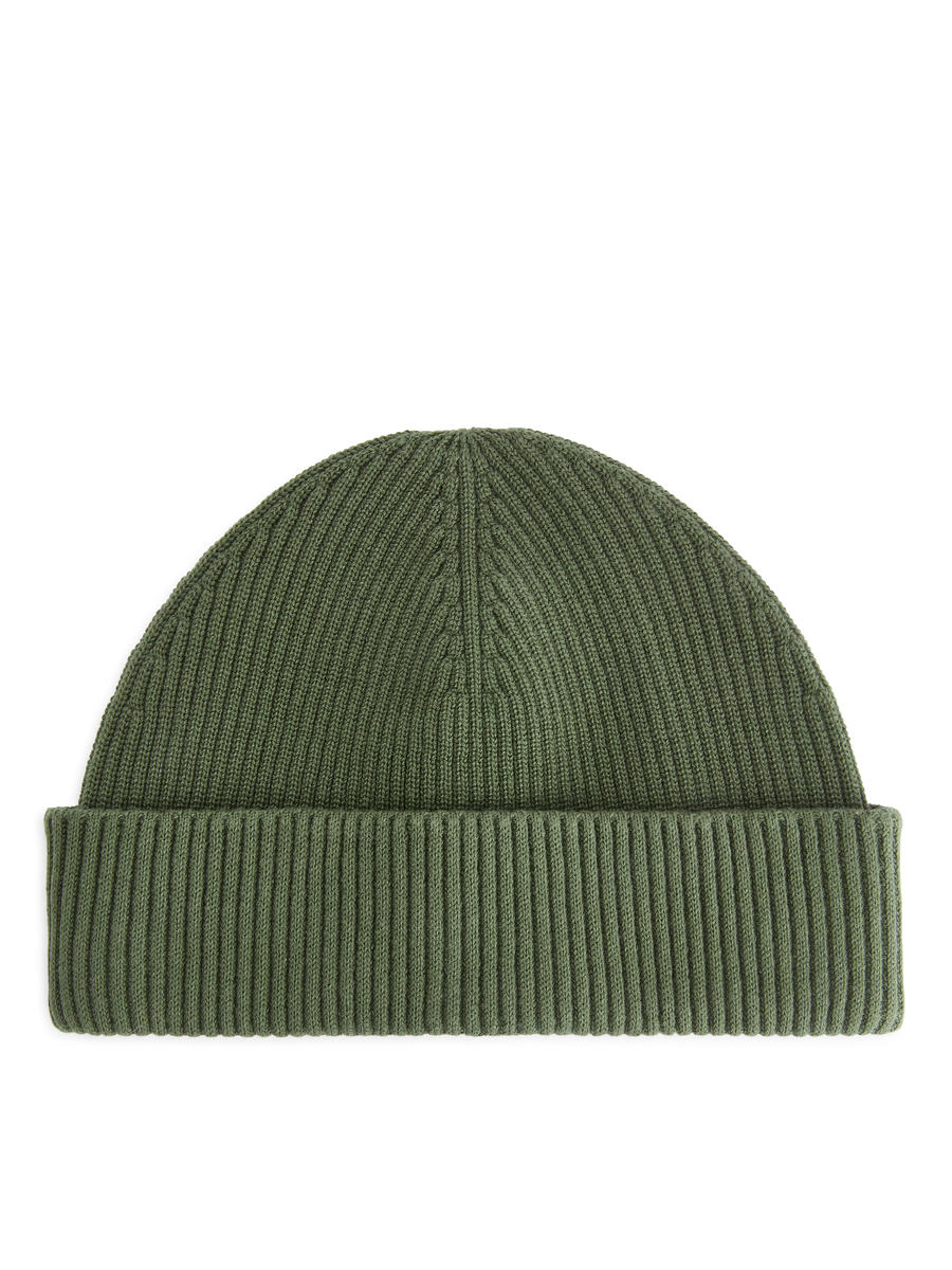 Short Ribbed Cotton Beanie-#5C6054-12034