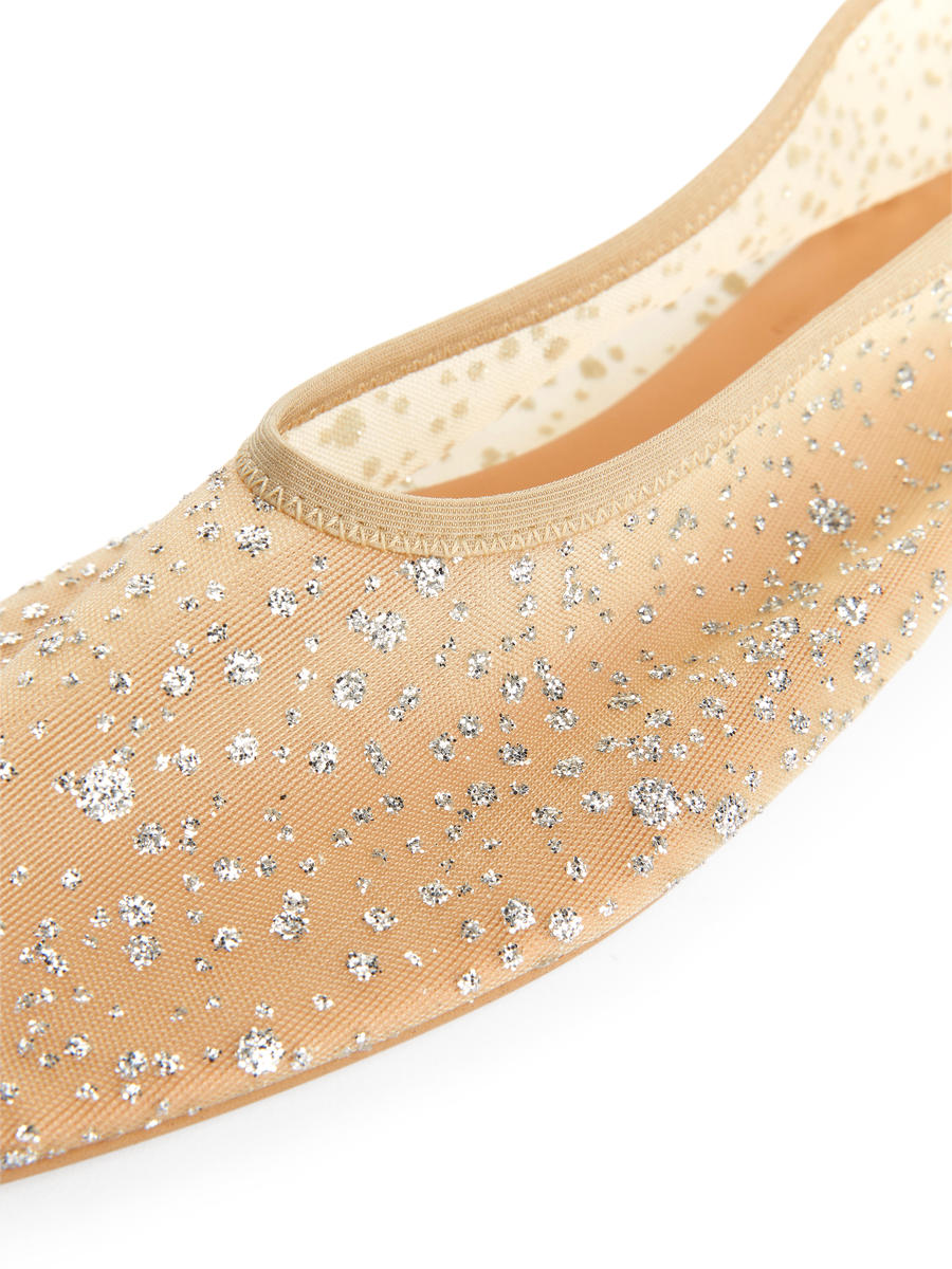 Glitter Mesh Ballerinas - Beige/Silver - Women - 1222365001