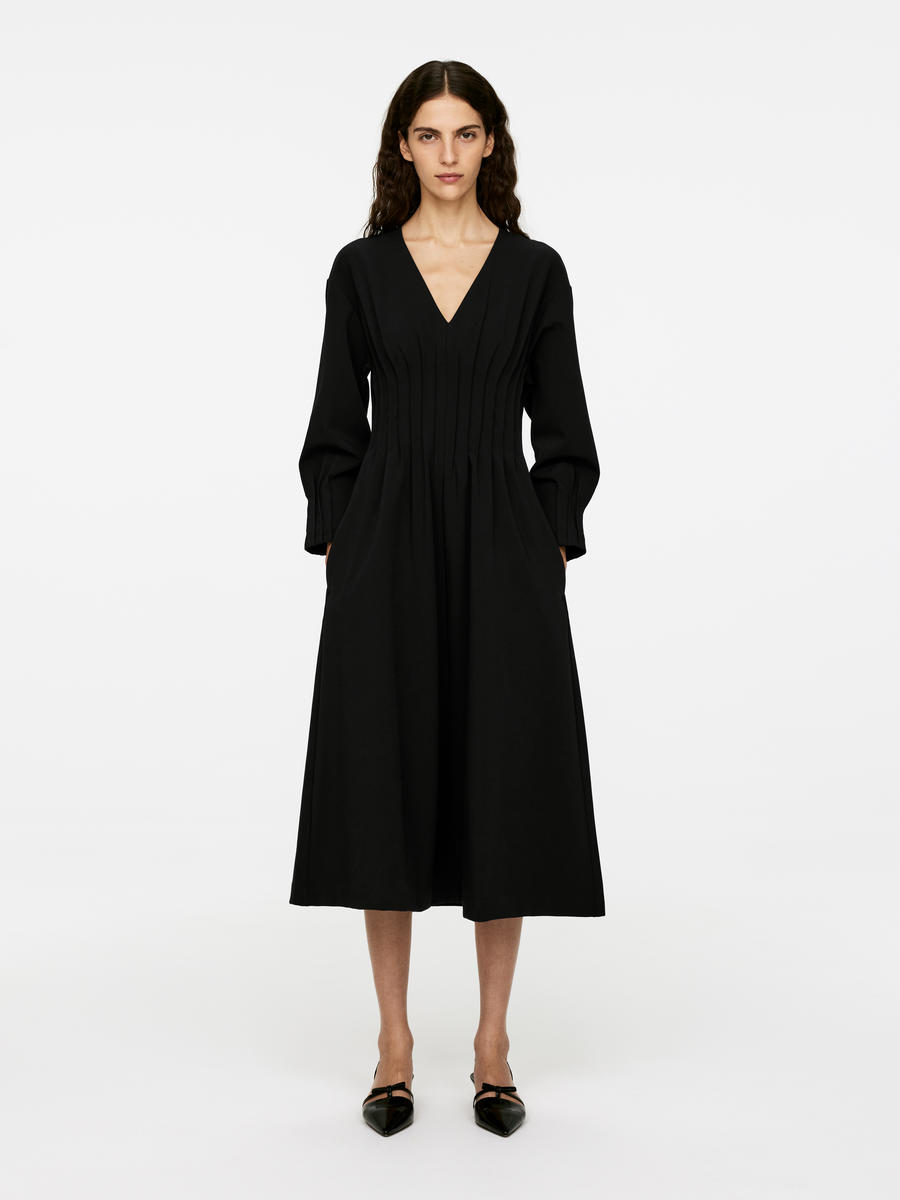 Robe plissée à col en V-#272628-13626