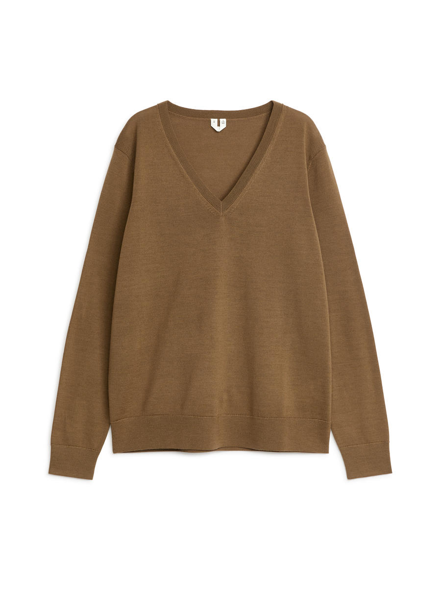 V-Neck Merino Jumper-#876F58-5461