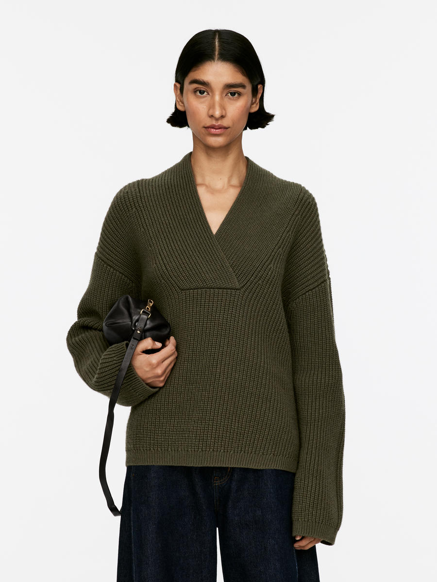 Shawl Collar Jumper - Khaki Green - Relaxed fit - Women - 1235634003