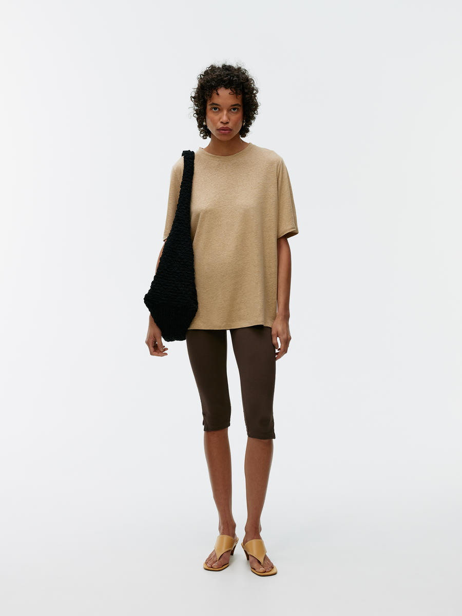 Oversized Linen-Blend T-Shirt - Dark Beige - Oversized - Women - 1244063004