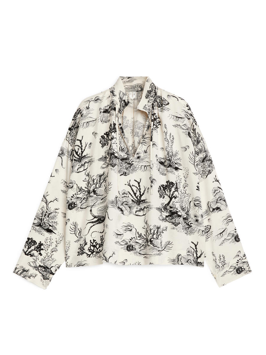 Print Drawstring Blouse-#D8CCB5-13759