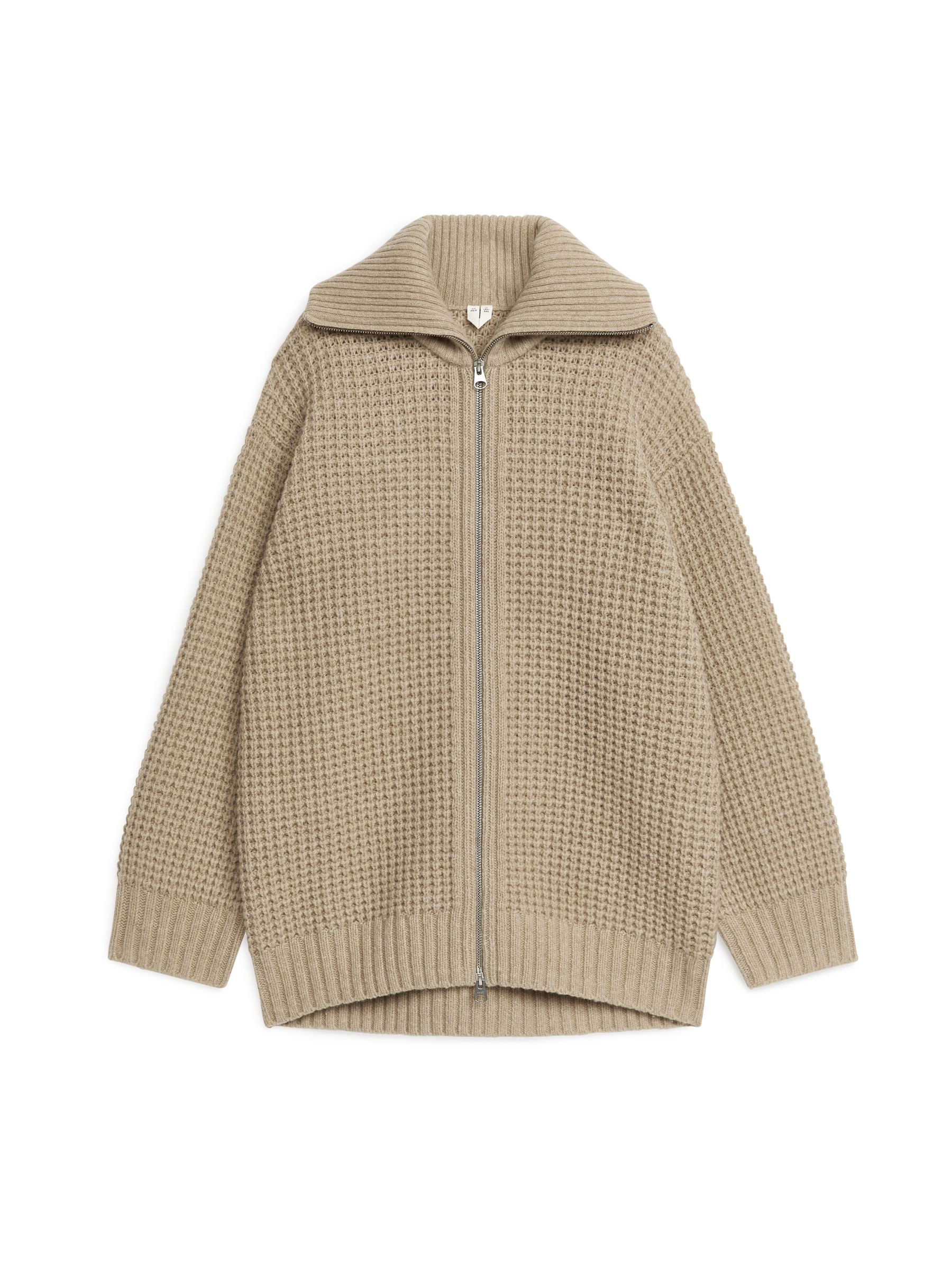 Waffle-Stitch Wool Cardigan-#A49578-2197