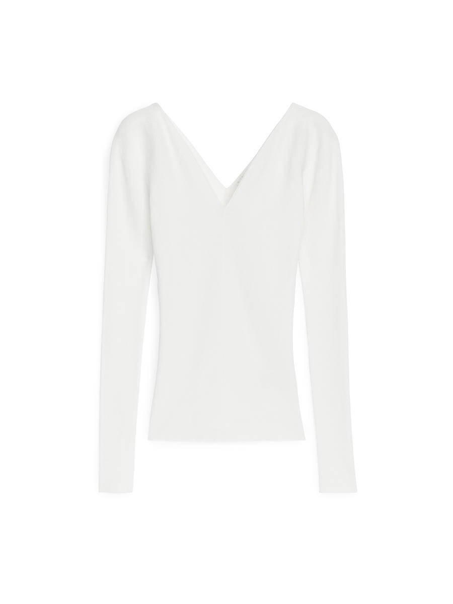 V-Neck Rib Top-White-12332