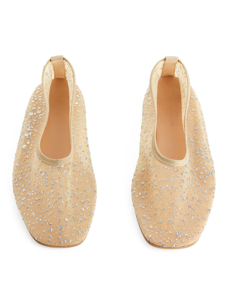 Glitter Mesh Ballerinas-#D0C2AA-8248