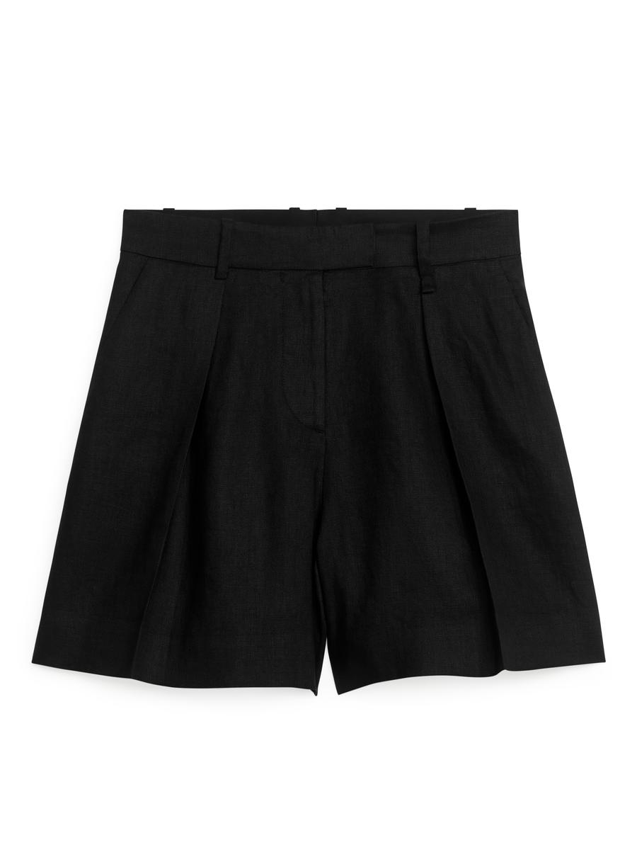 High Waist Linen Shorts-#272628-4630