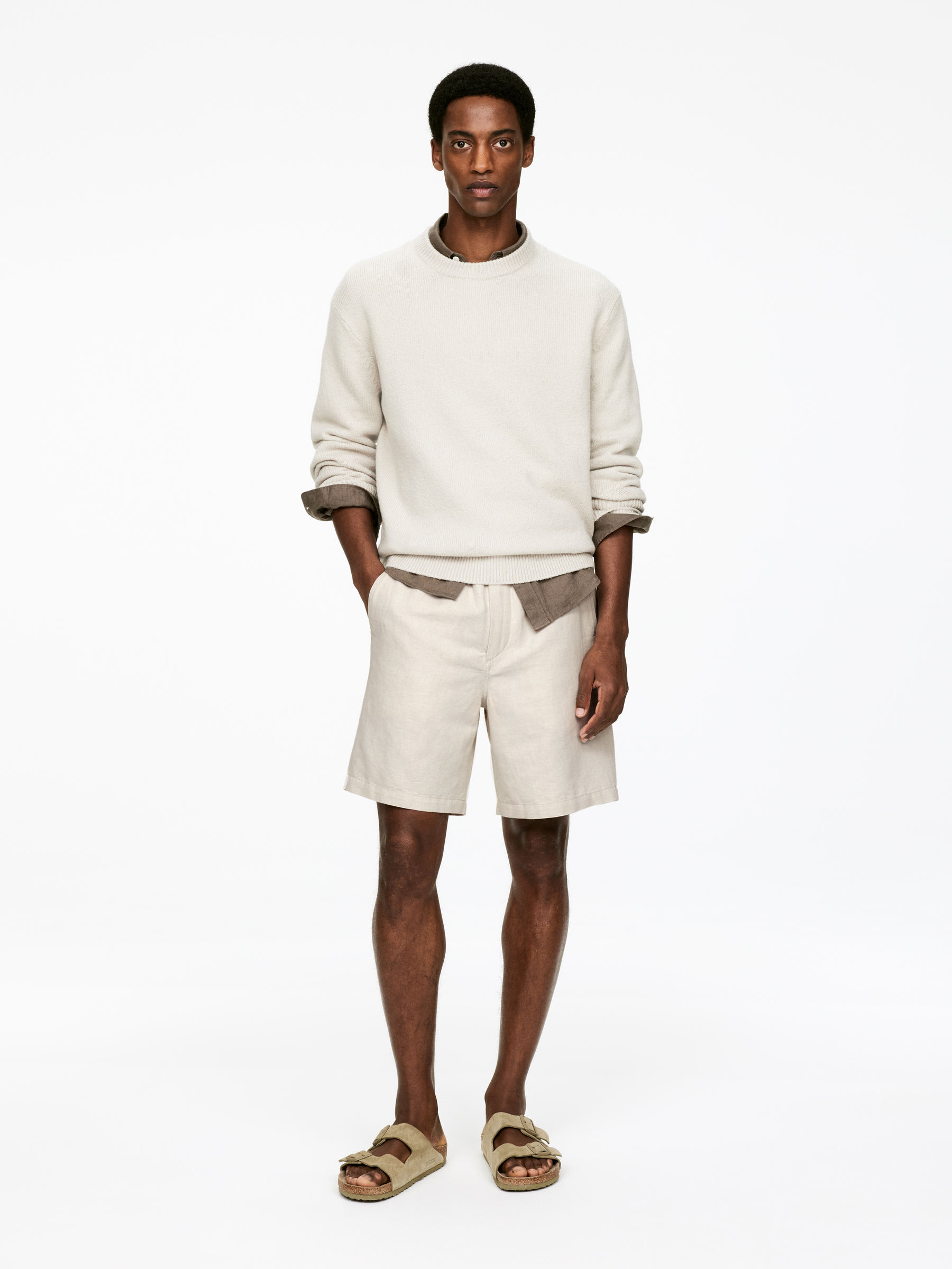 Cotton-Linen Drawstring Shorts-#D4D4B8-1489