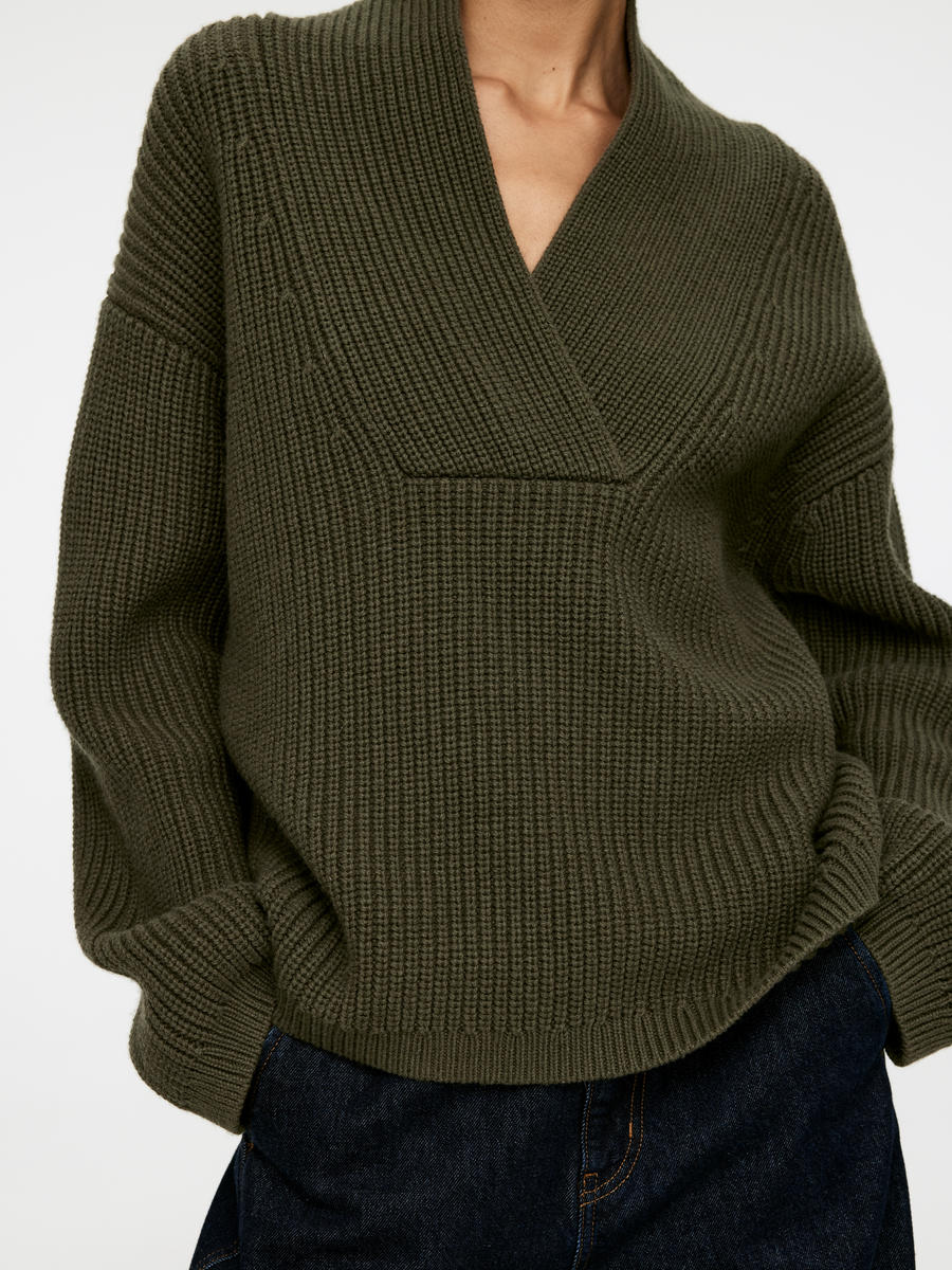 Shawl Collar Jumper - Khaki Green - Relaxed fit - Women - 1235634003