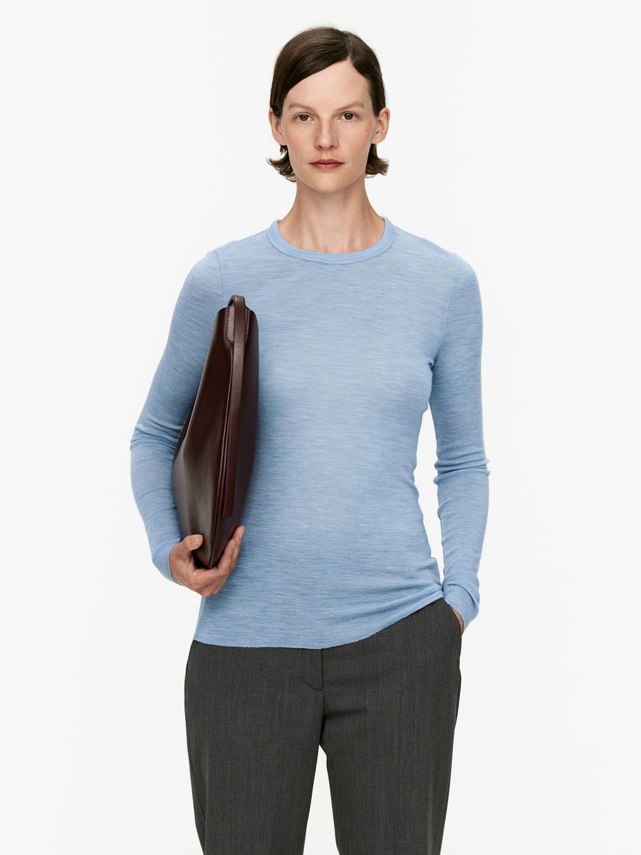 Langärmliges Oberteil aus Merinowolle - Blau meliert - Slim Fit - Women - 0630664046