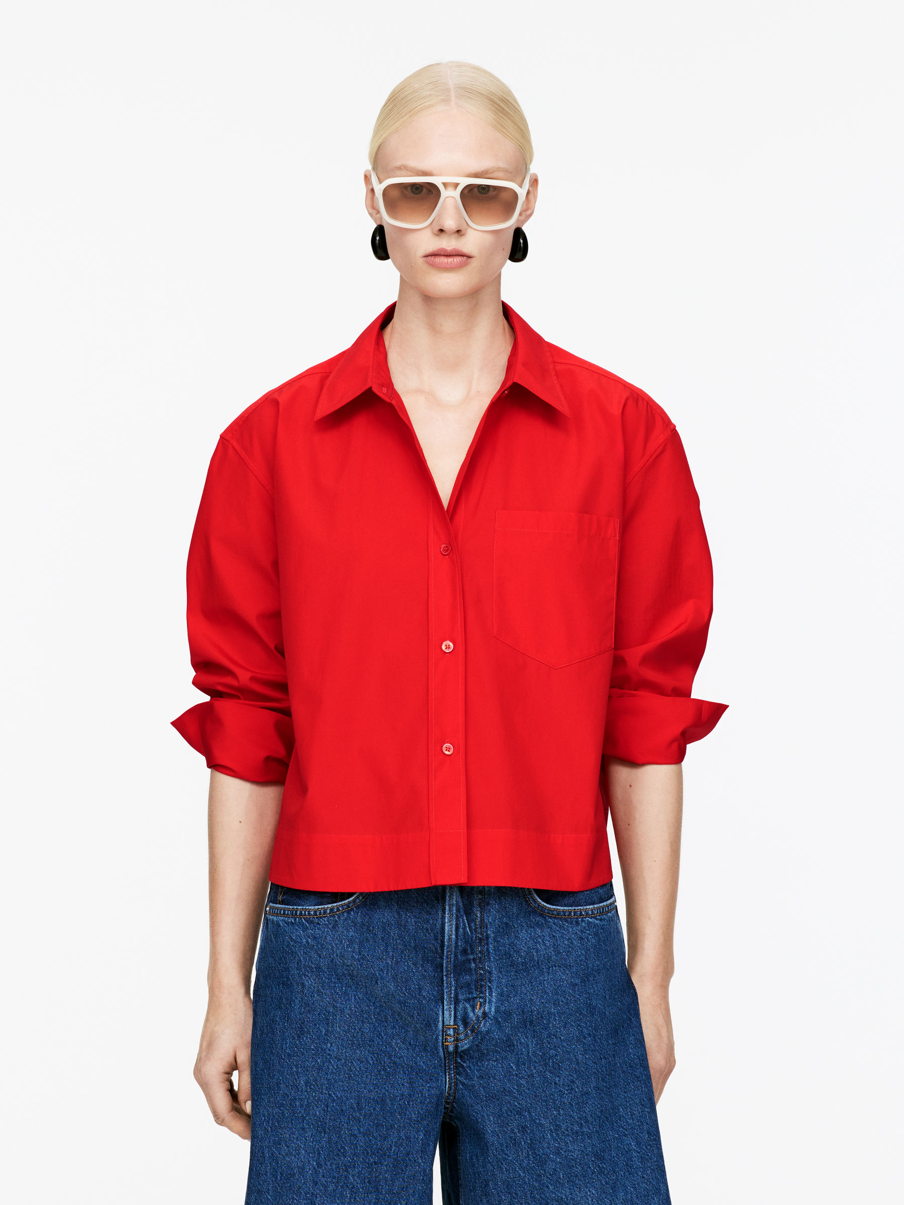 Cropped Cotton Shirt-#B32B34-14423