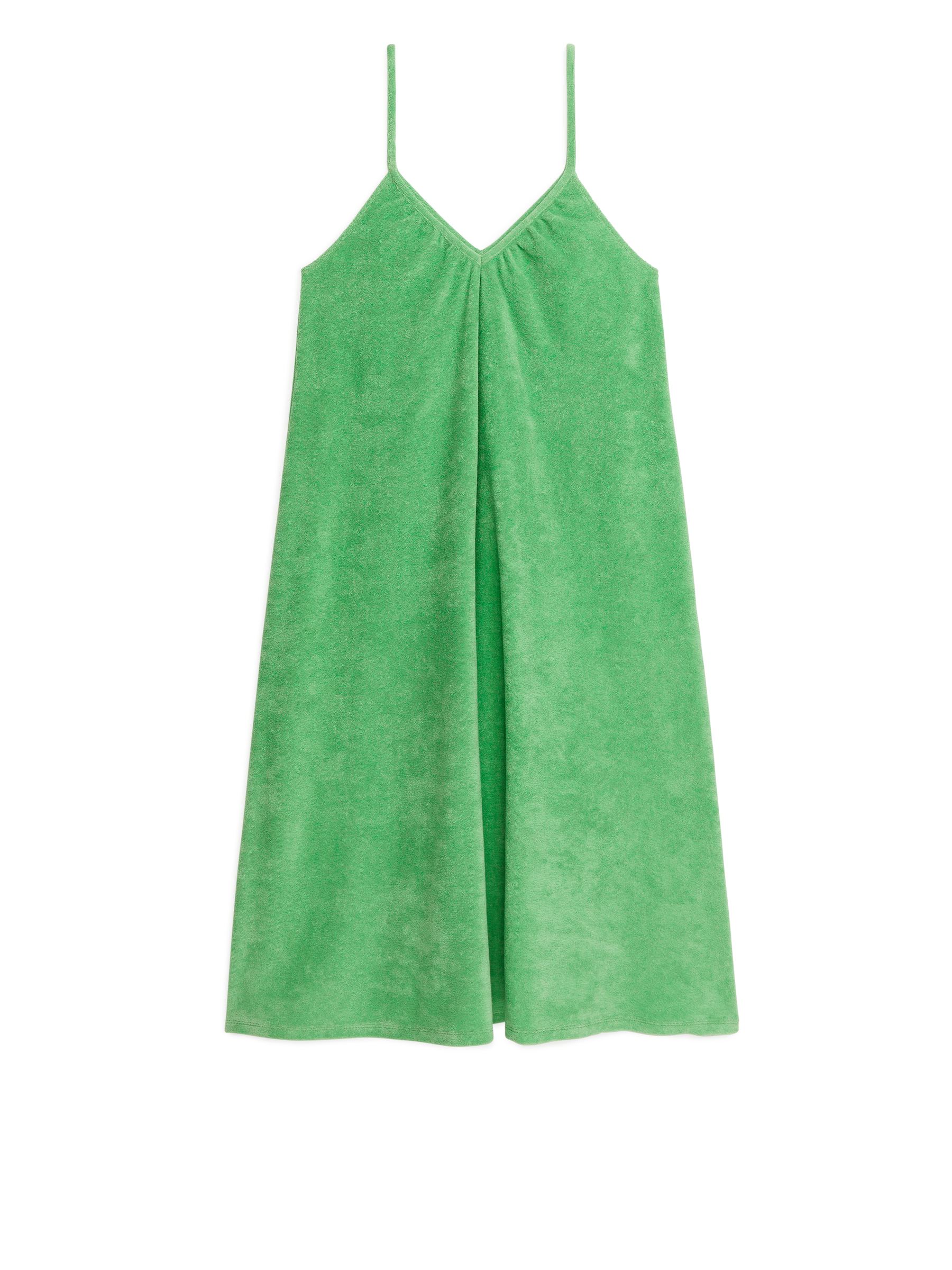 Klänning med axelband i bomullsfrotté-#669B6D-1423