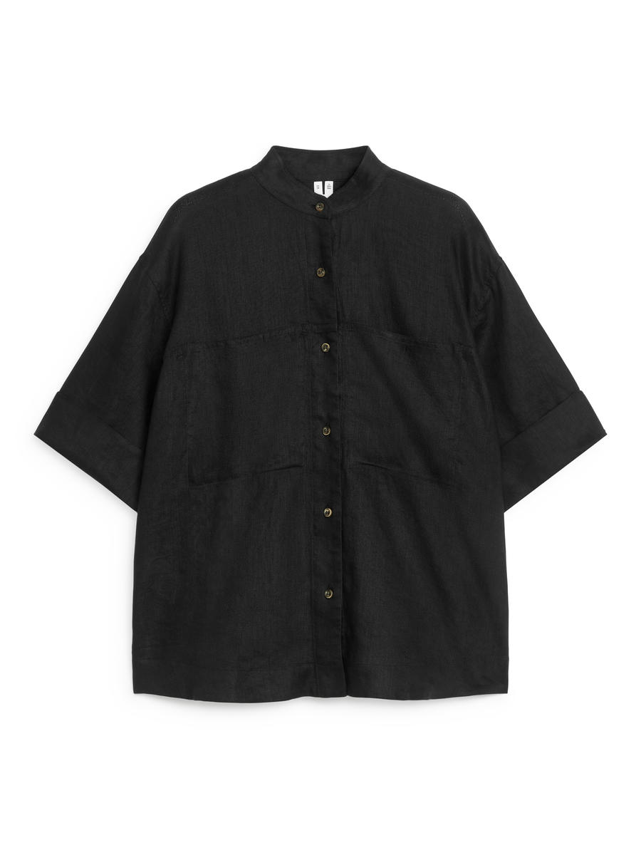 Short-Sleeve Linen Shirt - Black - Loose fit - Women - 1223605002