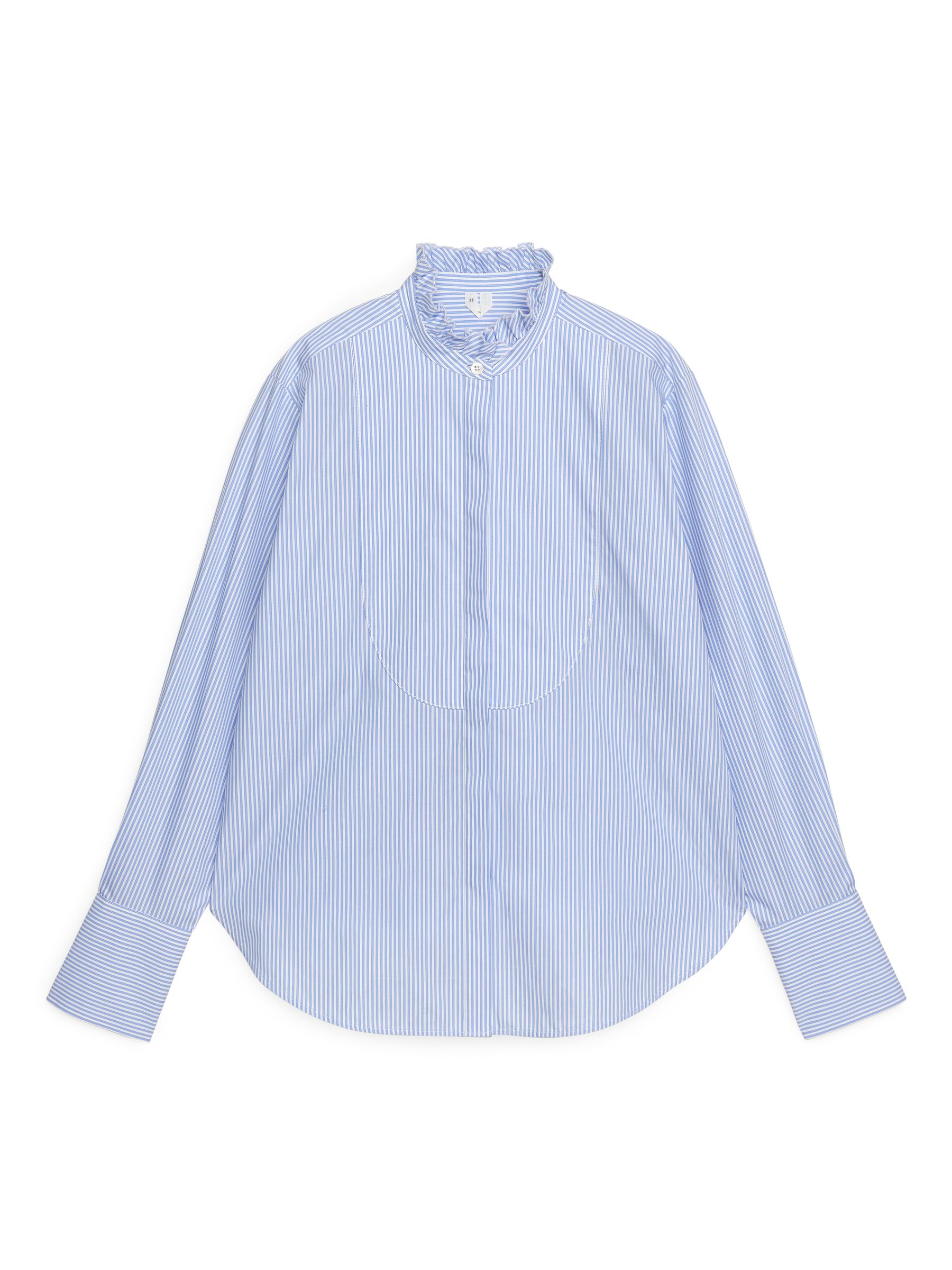 RuffleNeck Tuxedo Shirt - Blue/White - Women - StillMedia/DescriptiveStillLife - 1