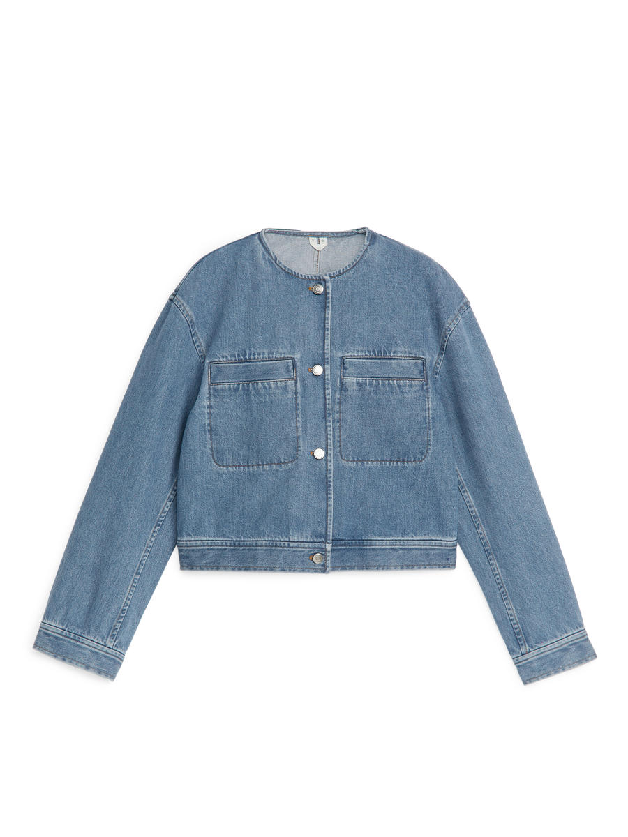 Collarless Denim Jacket - Mid Blue - Regular fit - Women - 1235334001