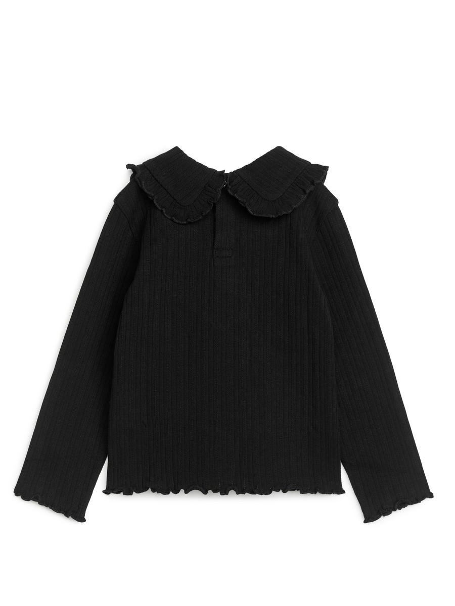 Frill Collar Pointelle Top-Black-6704