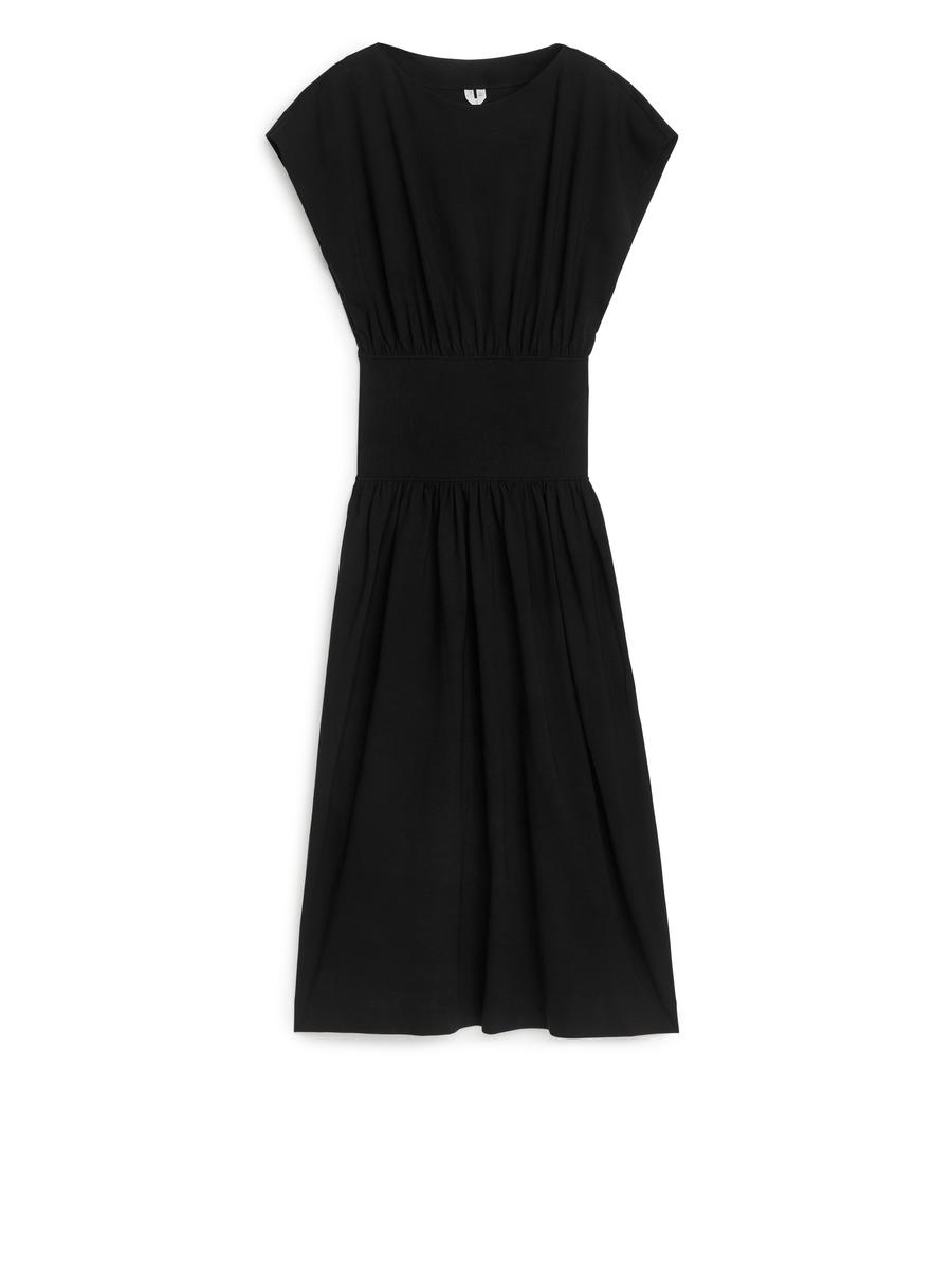 Panel-Waist Midi Dress-Black-7315