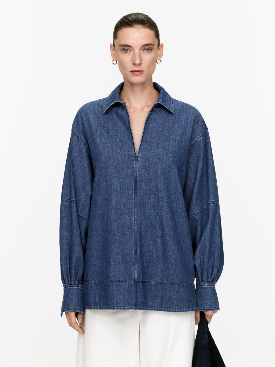 Blouse en jean à manches bouffantes-#5F6475-11588