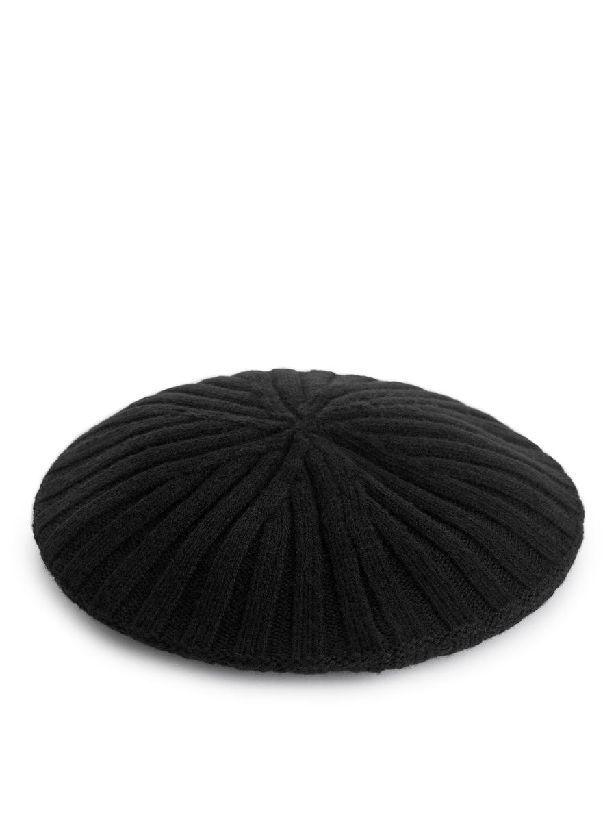 Rib-Knitted Wool Beret-Black-12325