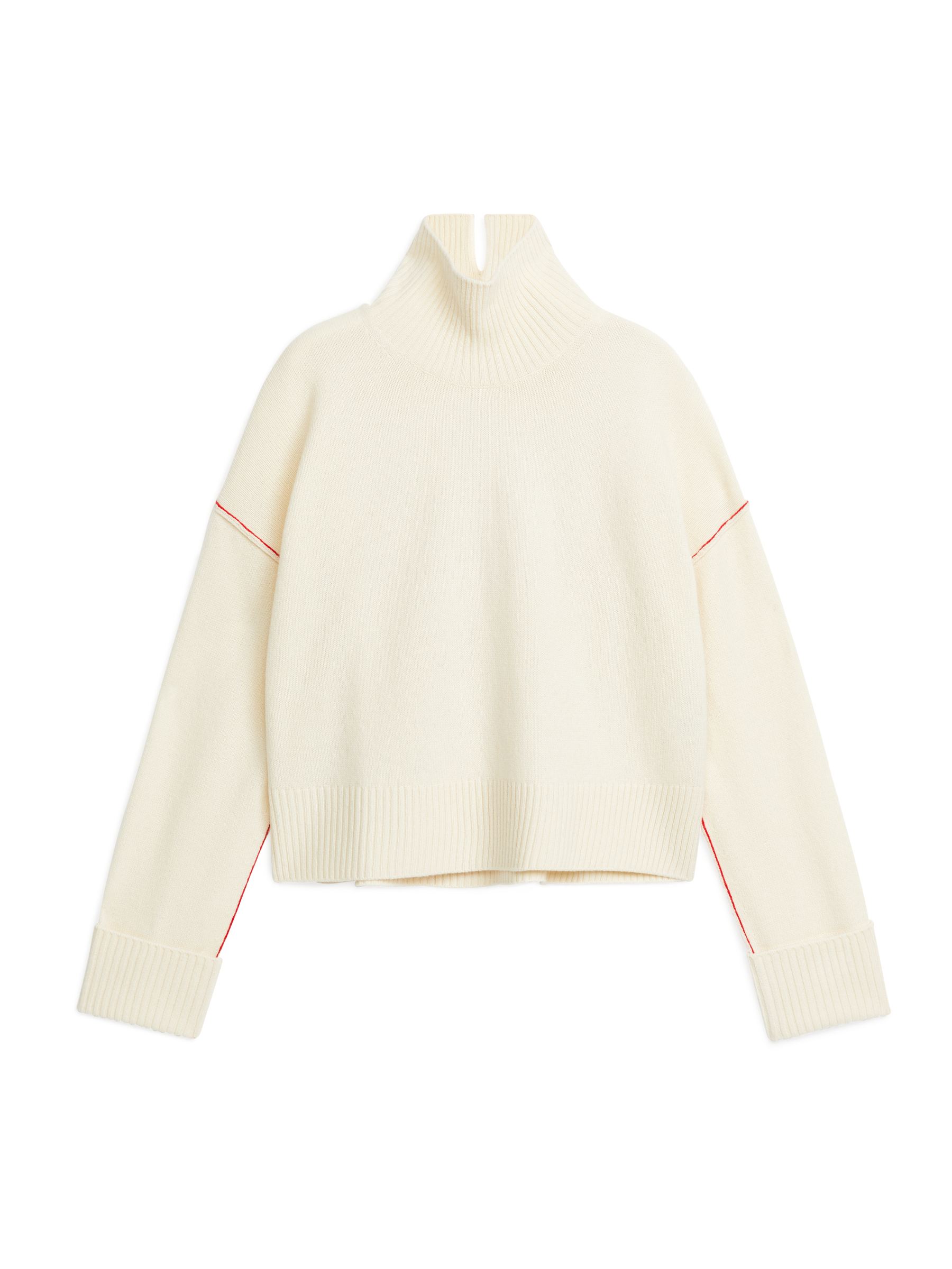 High-Neck Wool Jumper - Off White/Red - Loose fit - Women - StillMedia/DescriptiveStillLife - 1