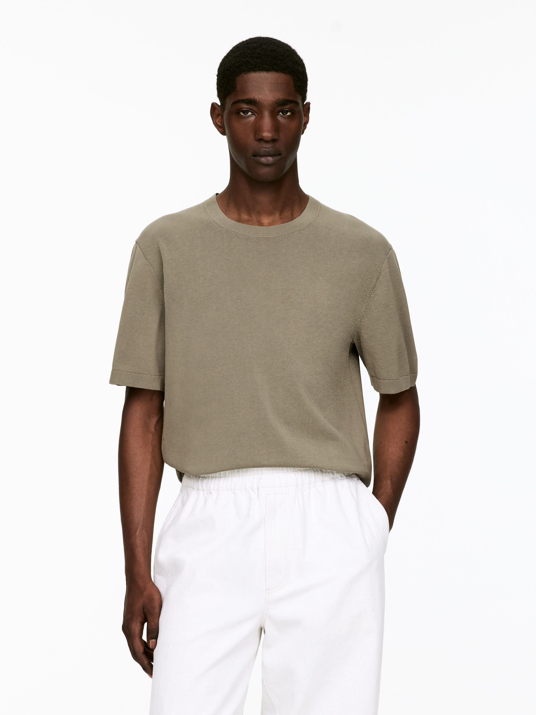 Fine-Knit Cotton T-Shirt-#7E7C6F-14906
