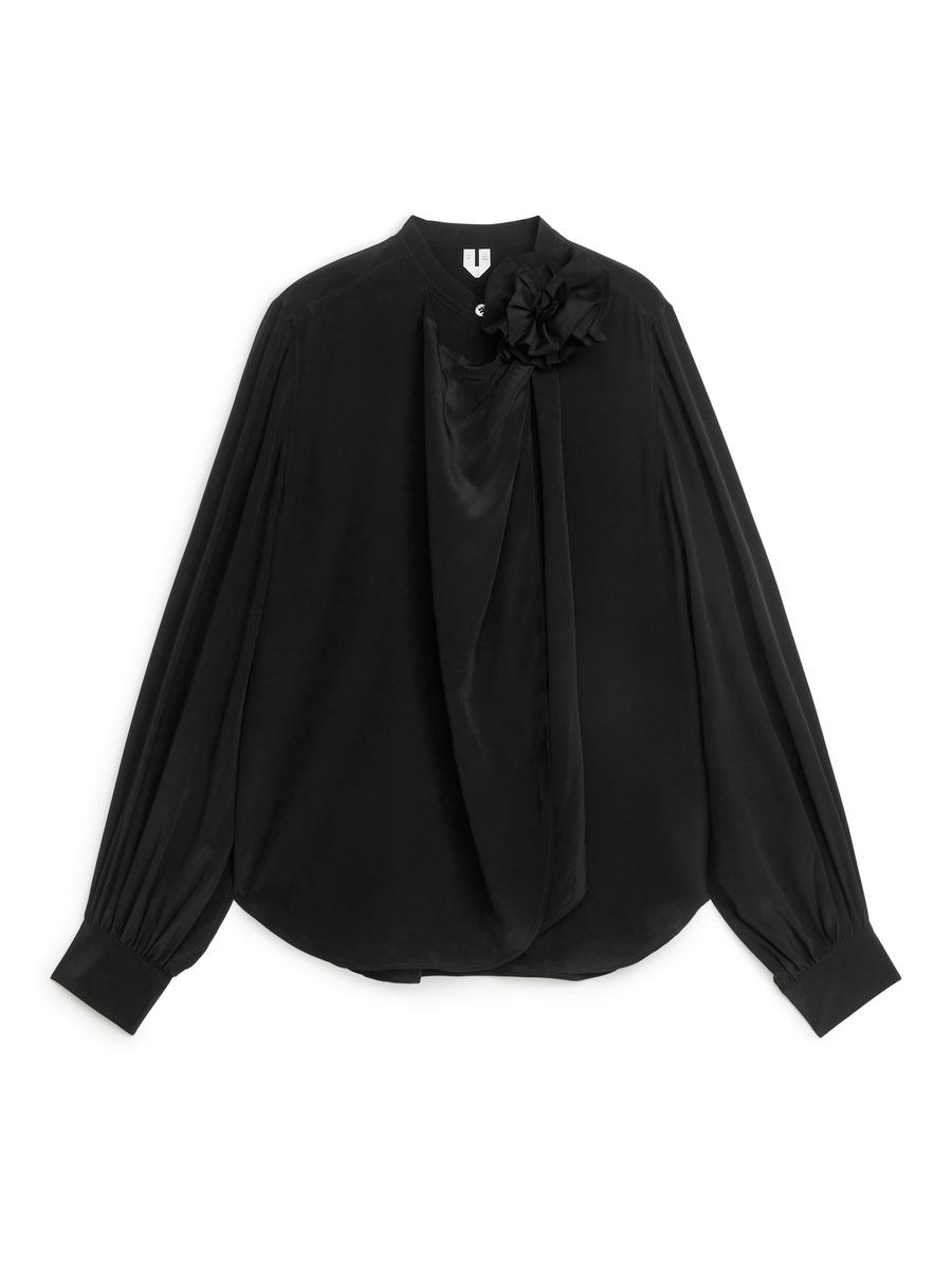 Flower Trimmed Silk Blouse - Black - Regular fit - Women - 1209352001