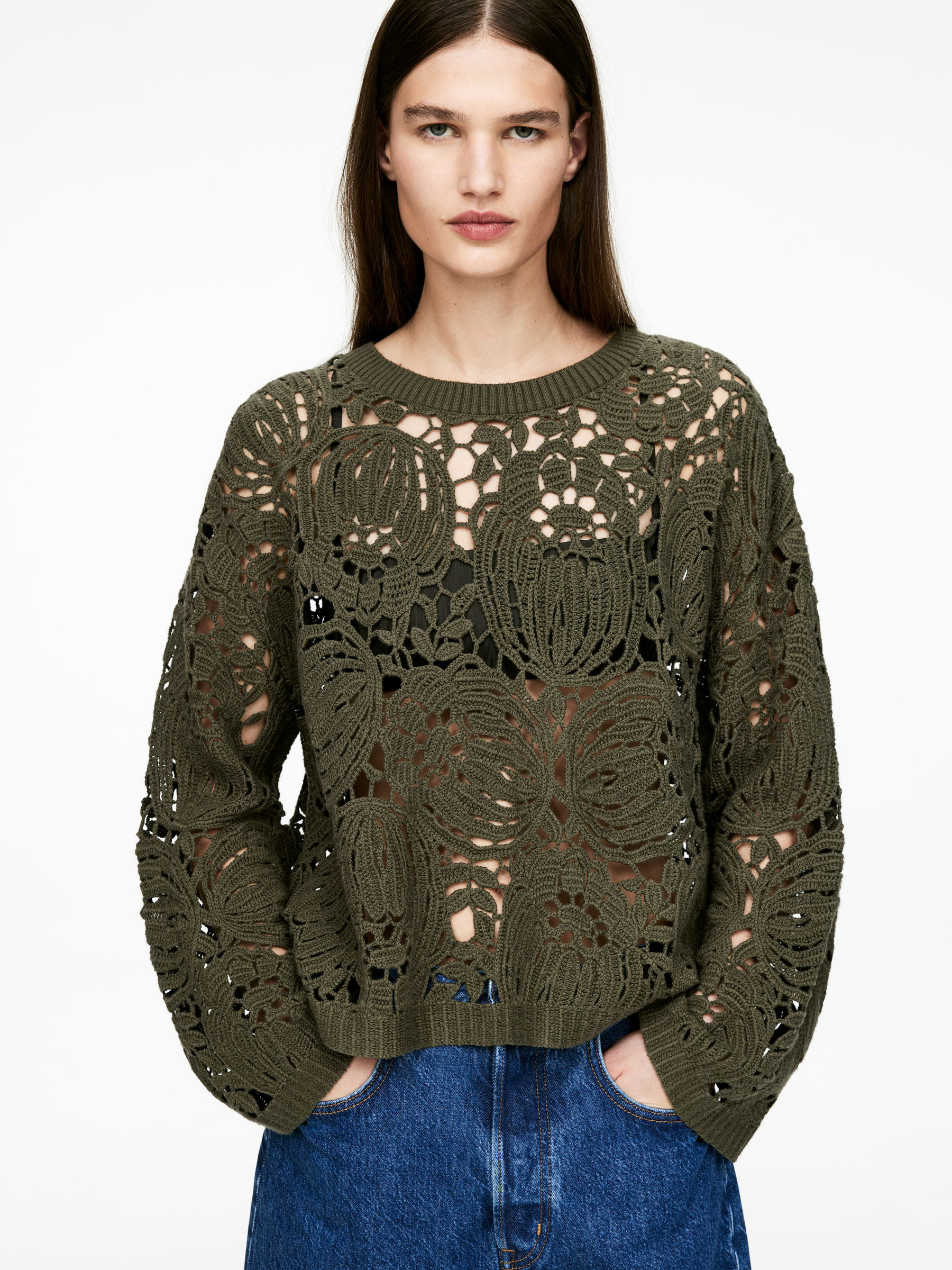 Open-Knit Jumper - Khaki Green - Loose fit - Women - StillMedia/Lookbook - 3