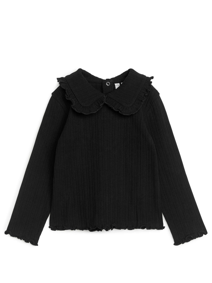 Frill Collar Pointelle Top-Black-6704