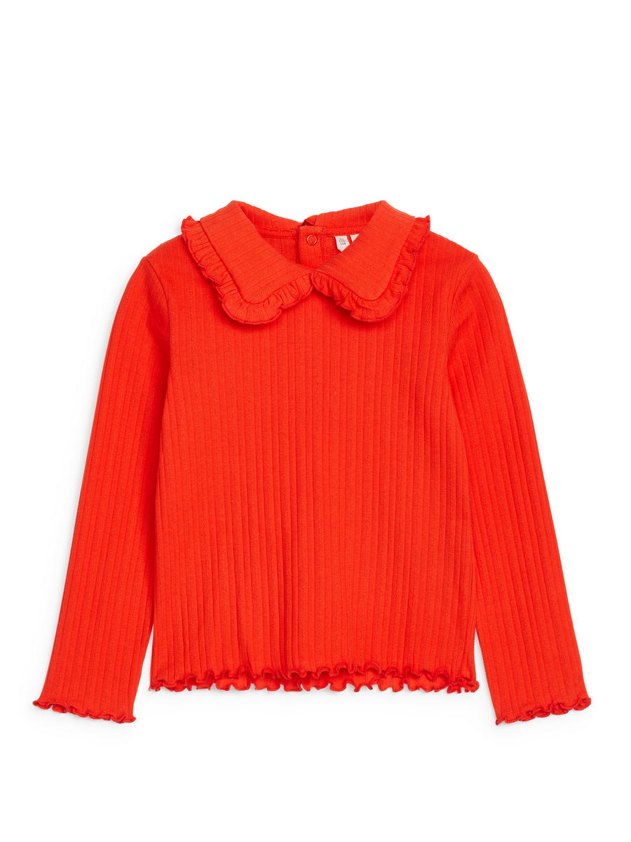 Haut en maille pointelle à col volanté - Rouge vif - Regular fit - Enfant - 1216057006