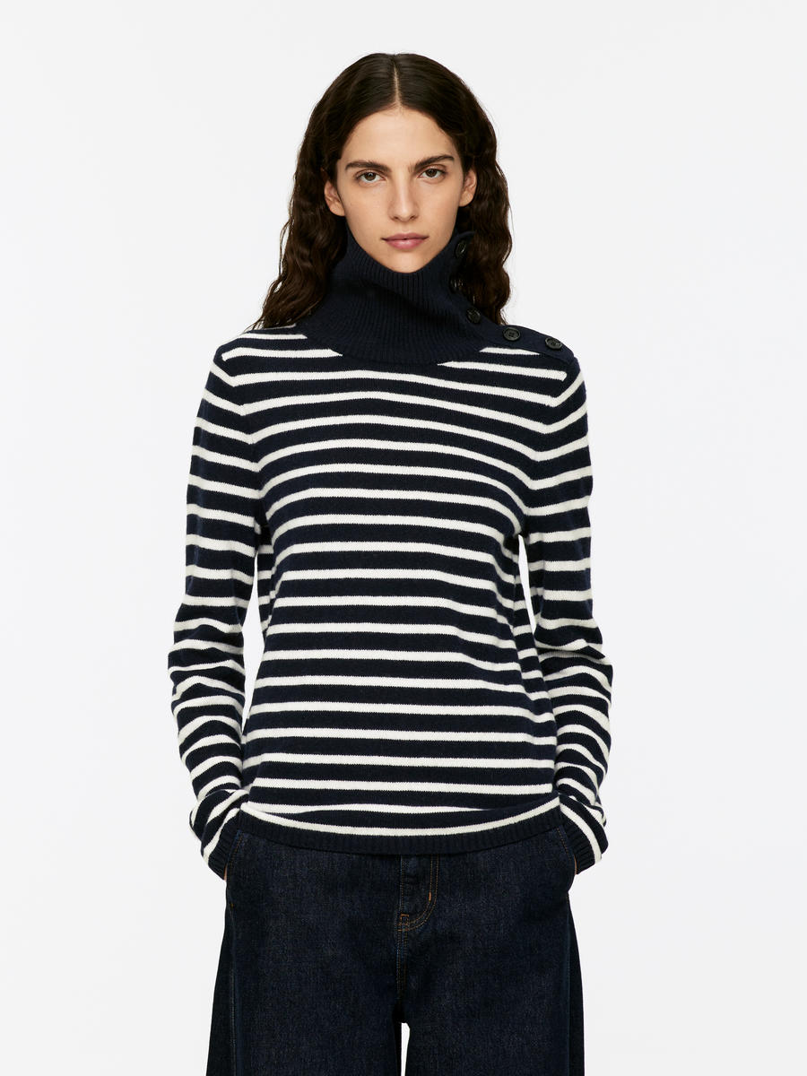 Soft Merino Wool Roll-Neck - Dark Blue/White - Slim fit - Women - 1251278001