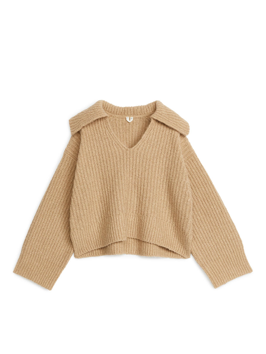 Rib V-Neck Jumper - Beige - Regular fit - Women - 1223531001