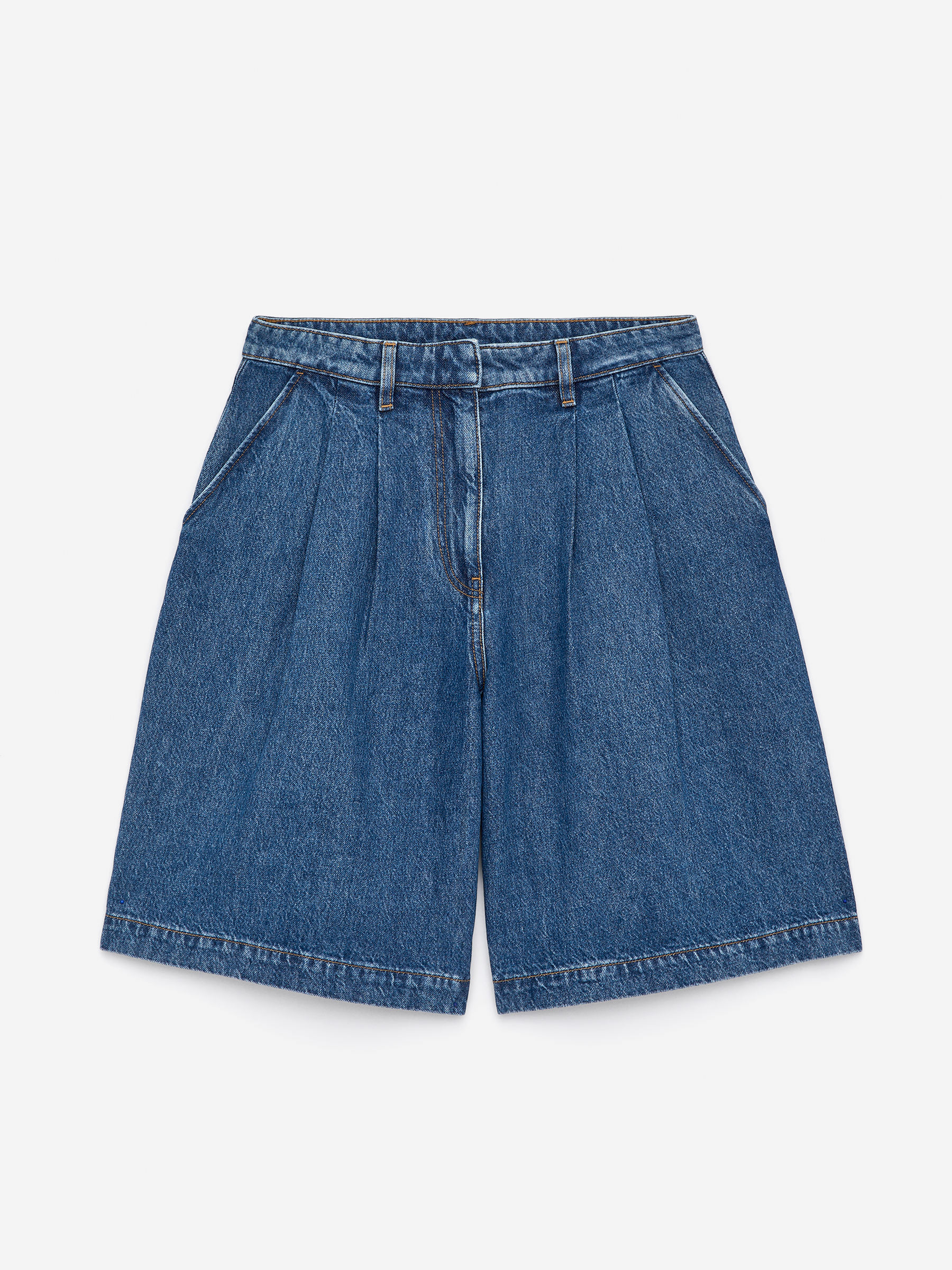 Pleated Denim Shorts-Blue-15857