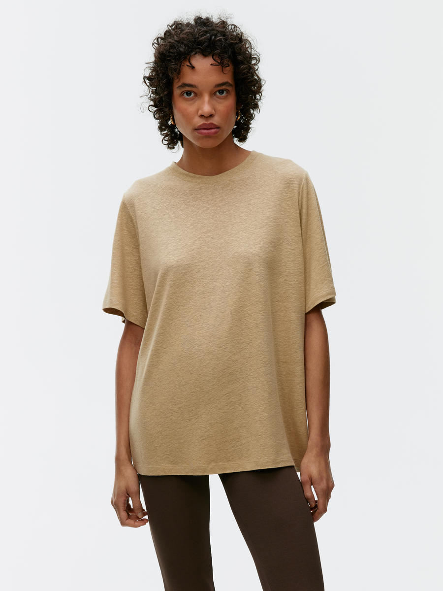 Oversized Linen-Blend T-Shirt - Dark Beige - Oversized - Women - 1244063004