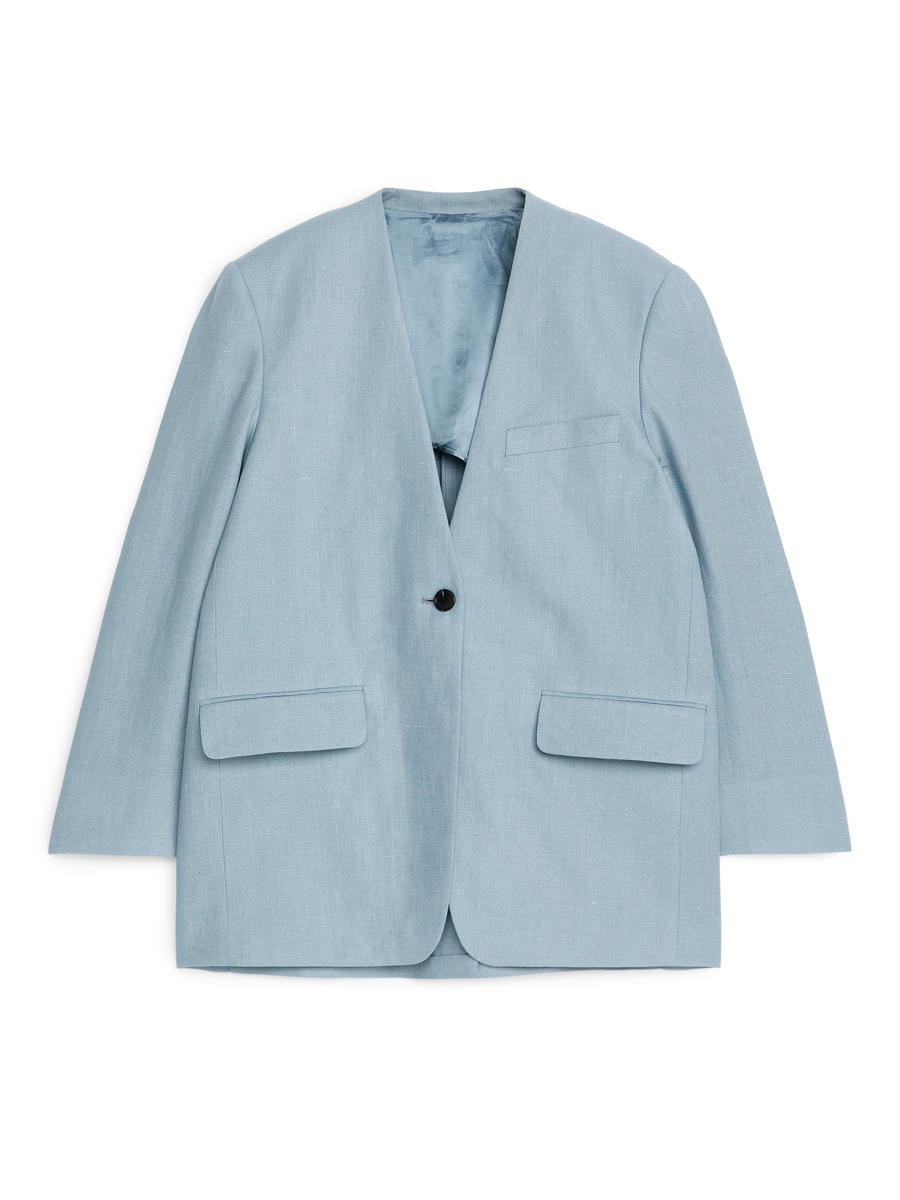 Collarless Linen Blazer - Dusty Blue - Relaxed fit - Women - 1229281002