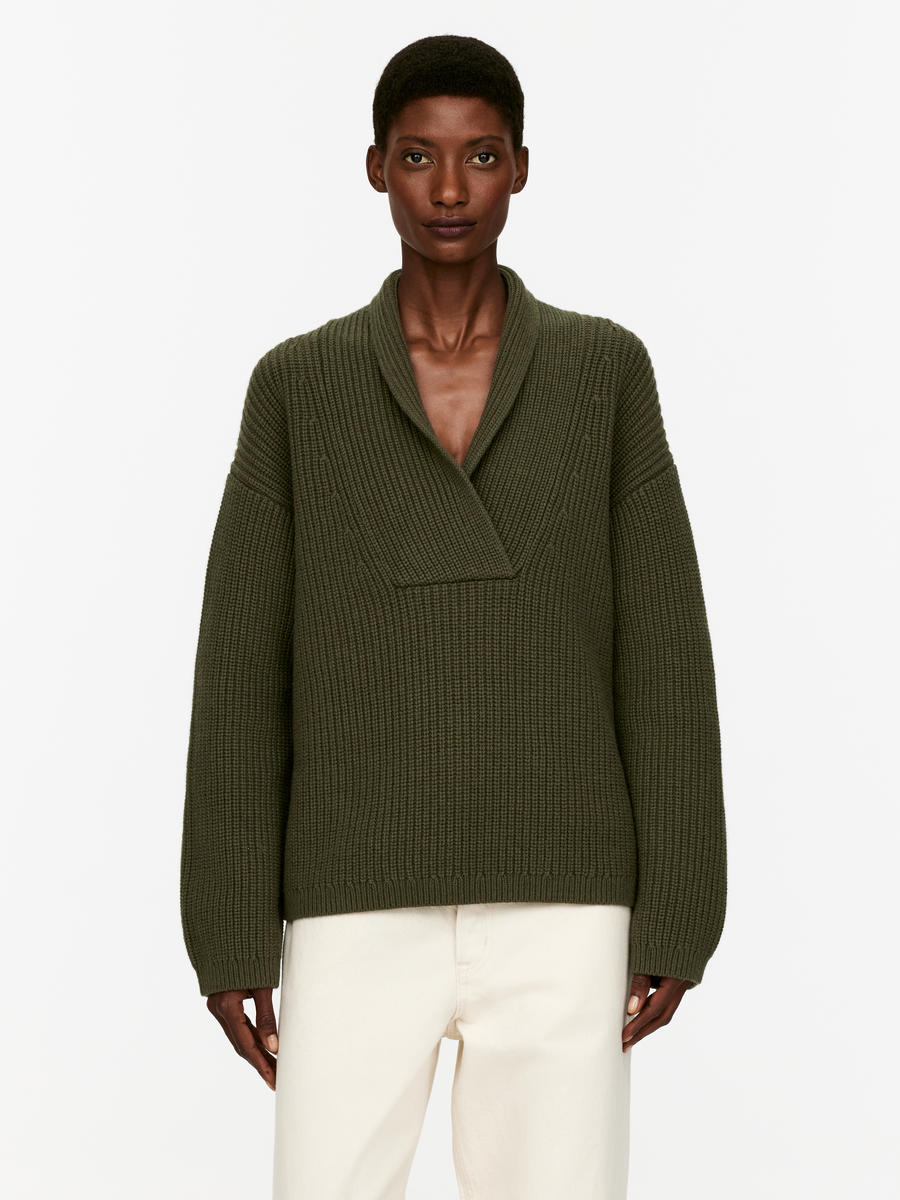 Shawl Collar Jumper - Khaki Green - Relaxed fit - Women - 1235634003