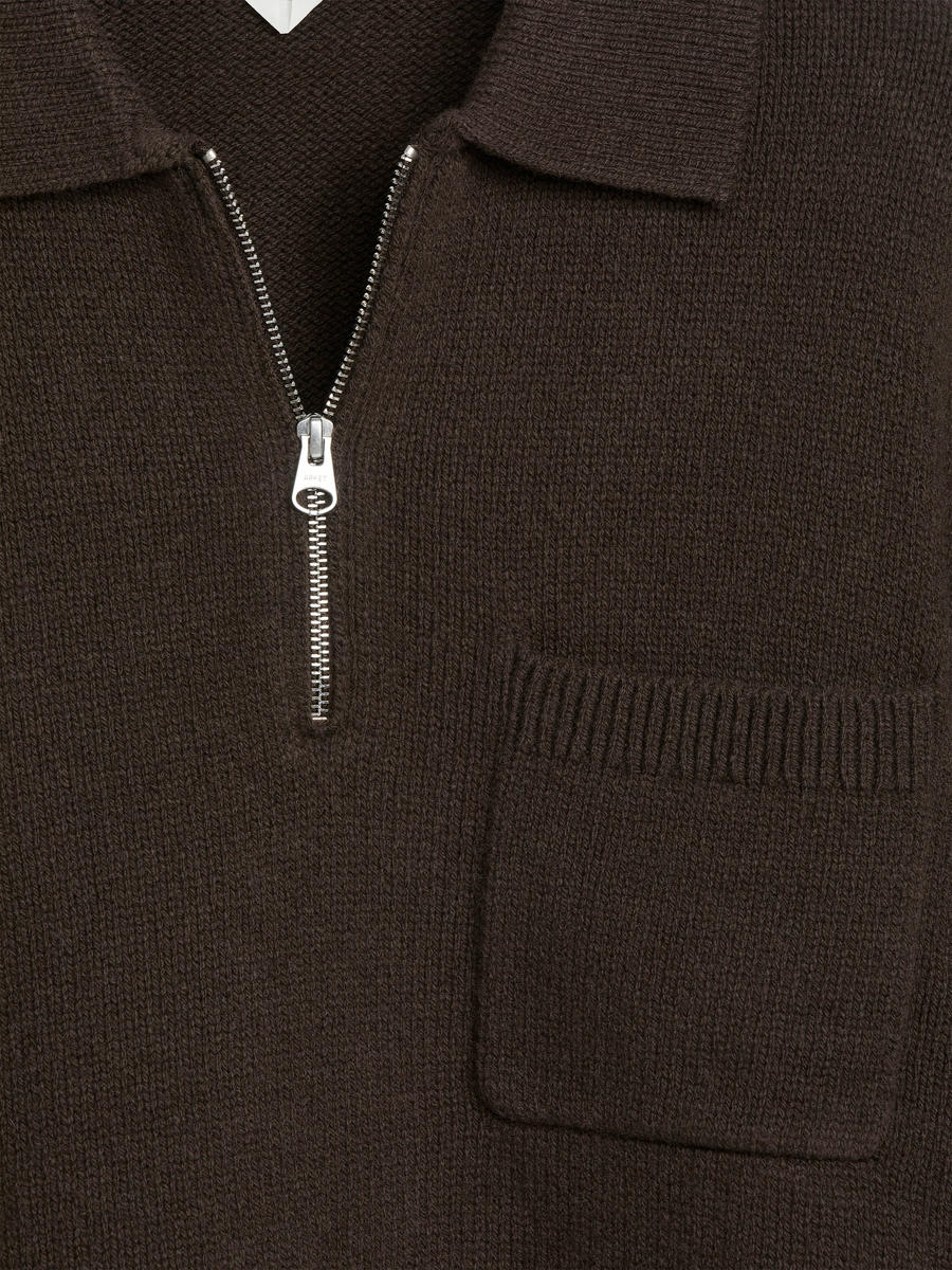 Knitted Wool Zip Polo Shirt-#3F3838-13512