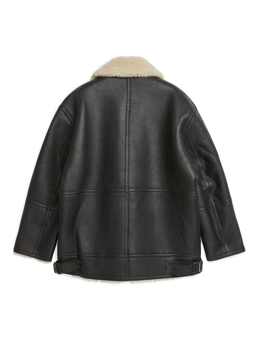 Pile-Lined Leather Jacket - Black/Beige - Oversized - Women - 1086481001