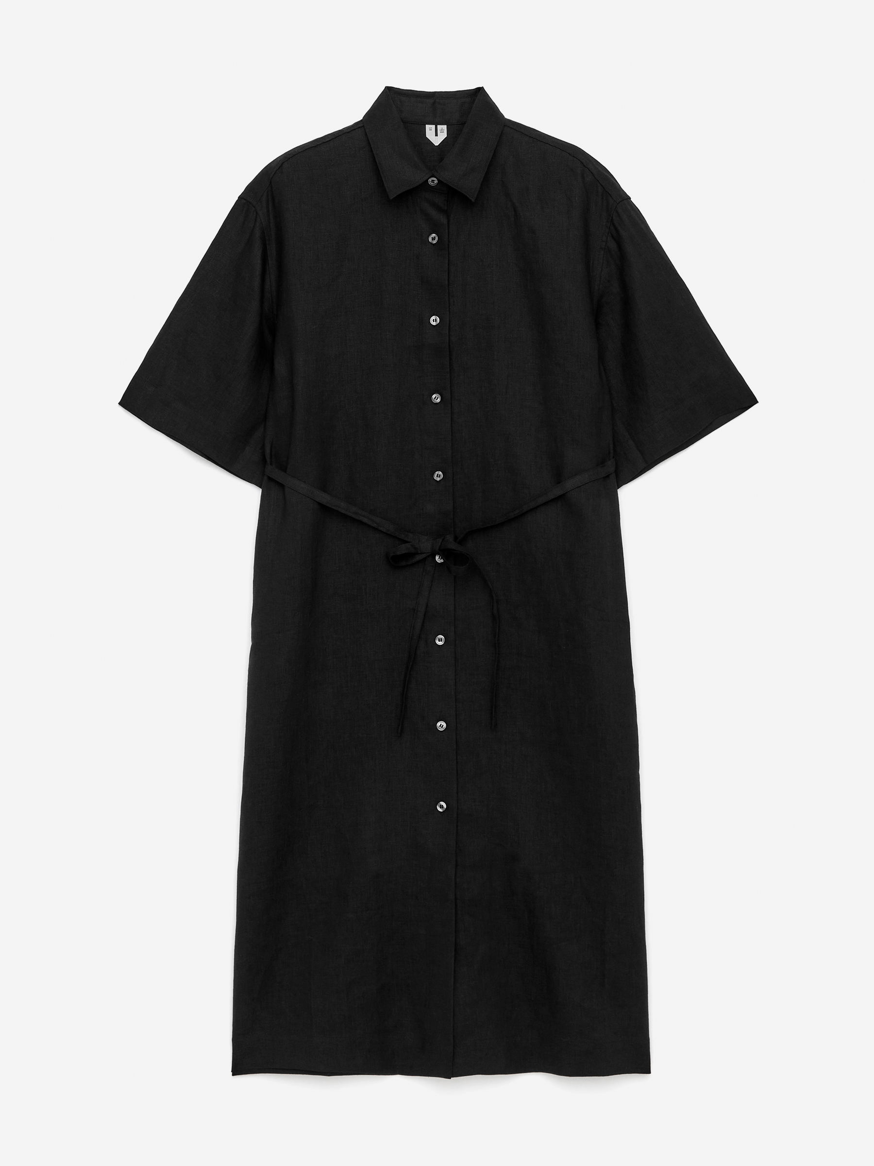 Linen Shirt Dress-Black-15324