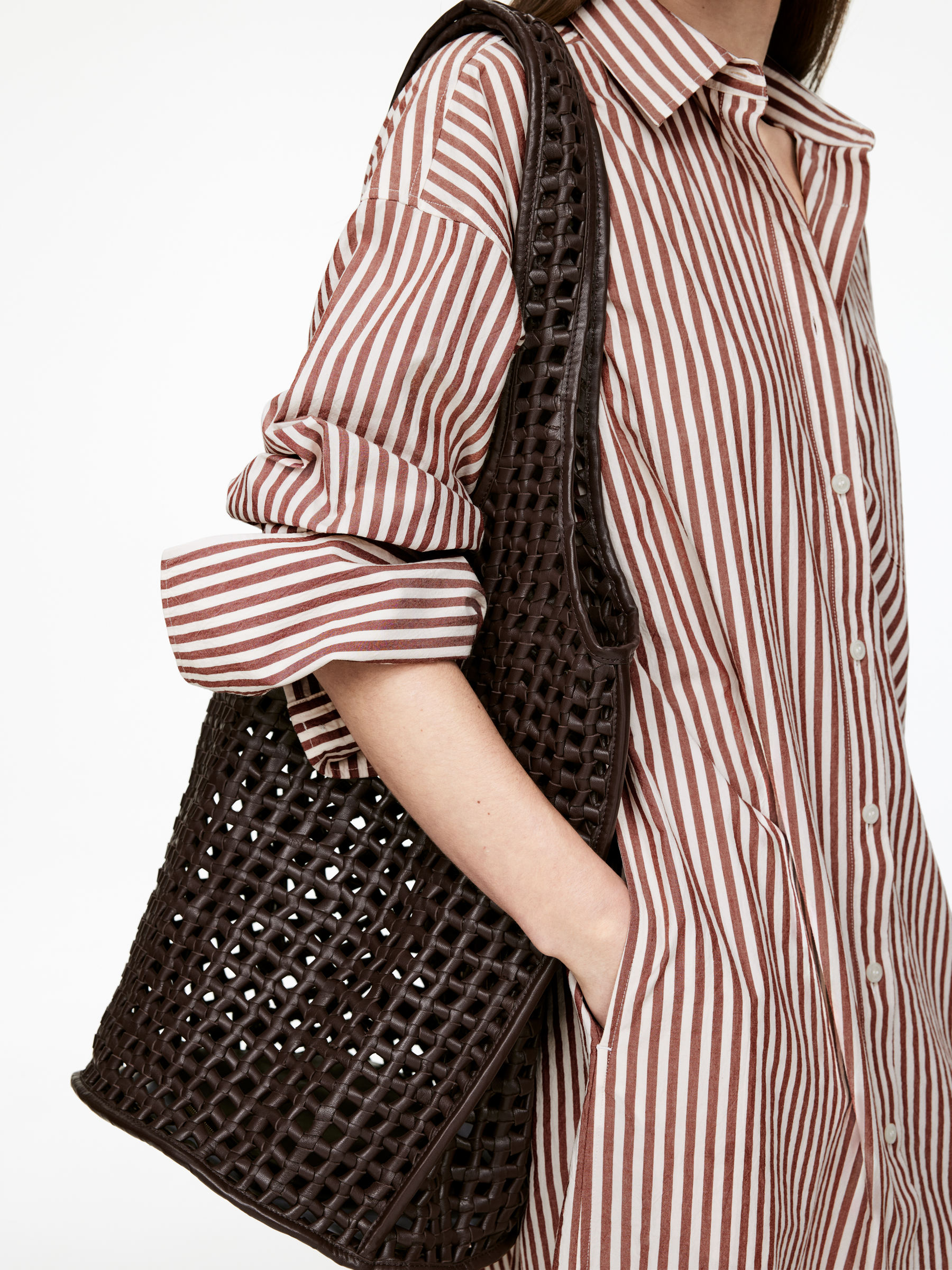 Linen Shirt Dress - Brown/White - Loose fit - Women - StillMedia/Lookbook - 3