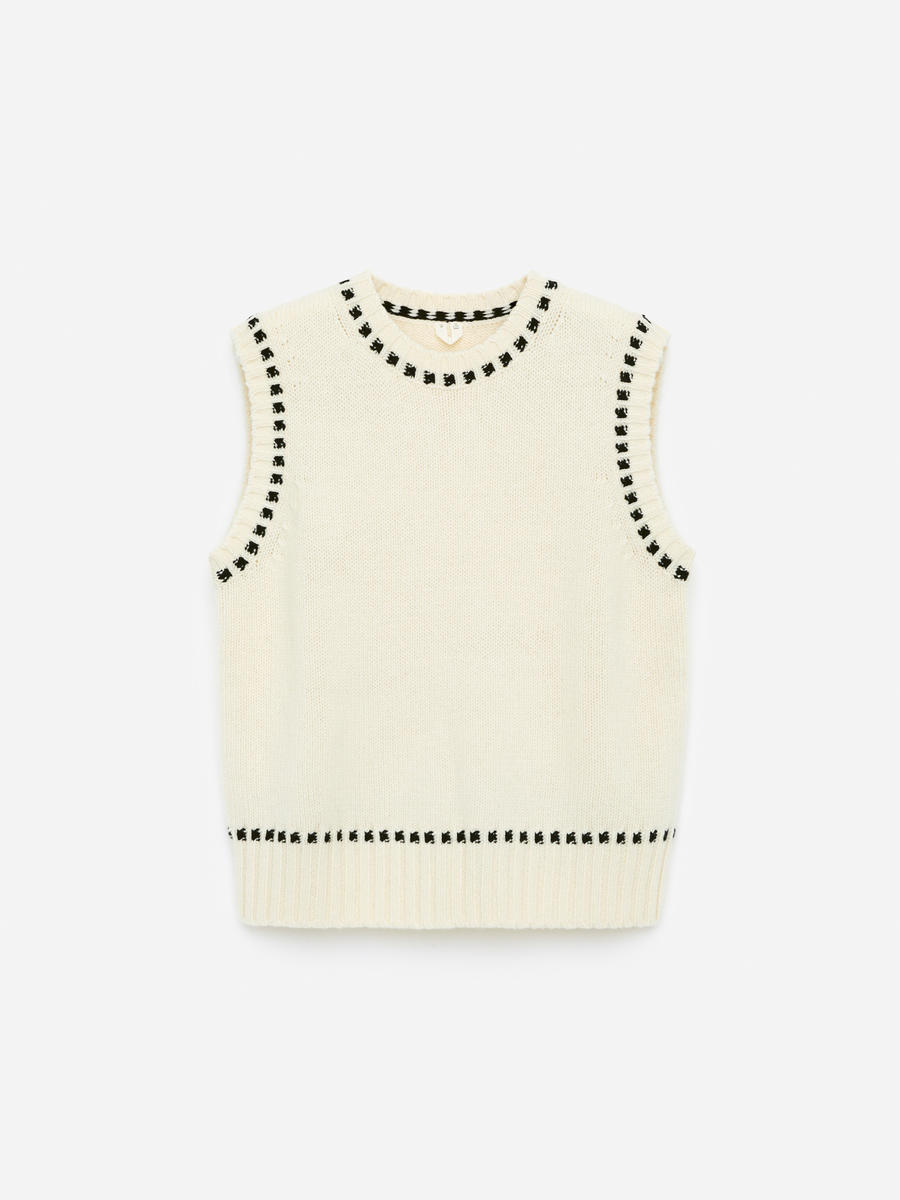 Contrast-Stitch Knitted Vest-#F2E8D6-13622