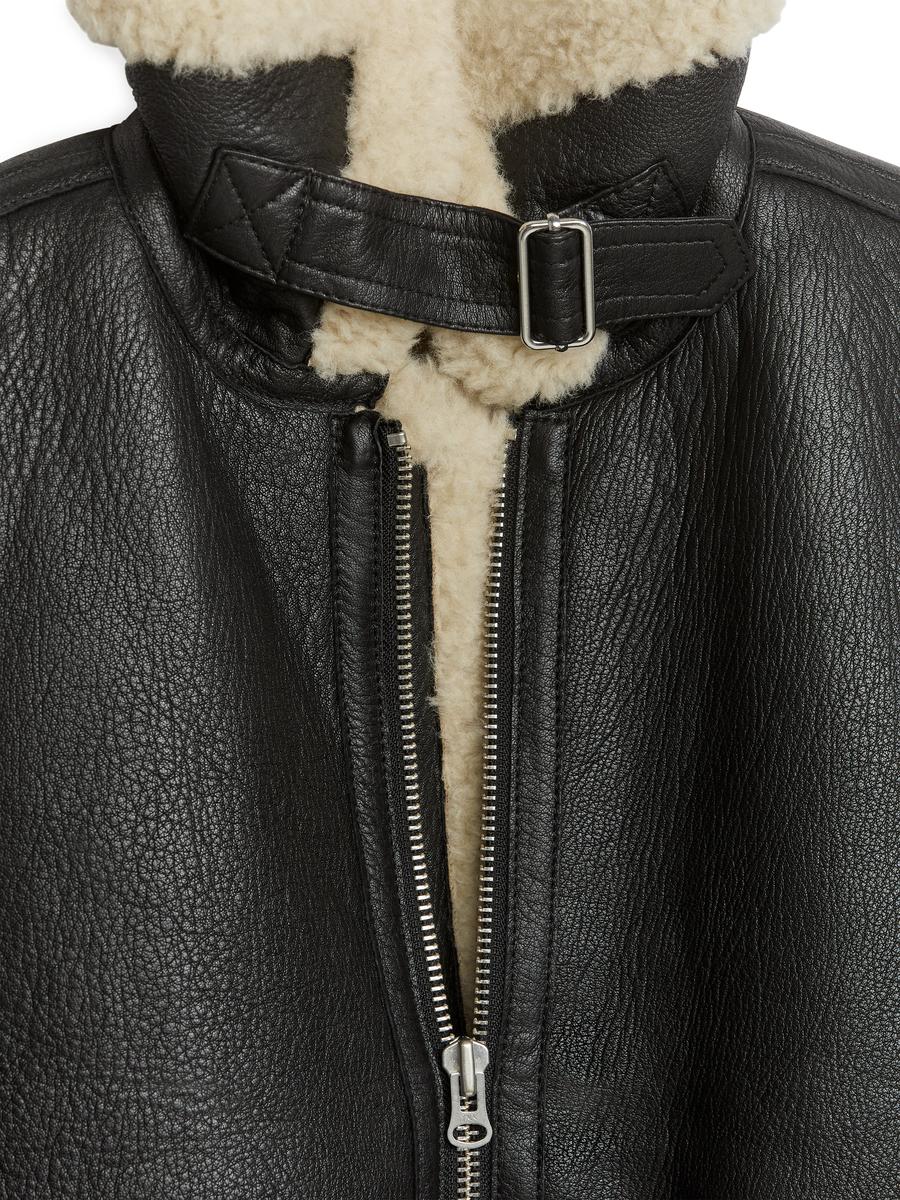 Pile-Lined Leather Jacket - Black/Beige - Oversized - Women - 1086481001