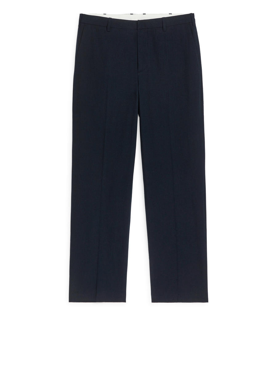 Linen Blend Seersucker Trousers-Blue-8064