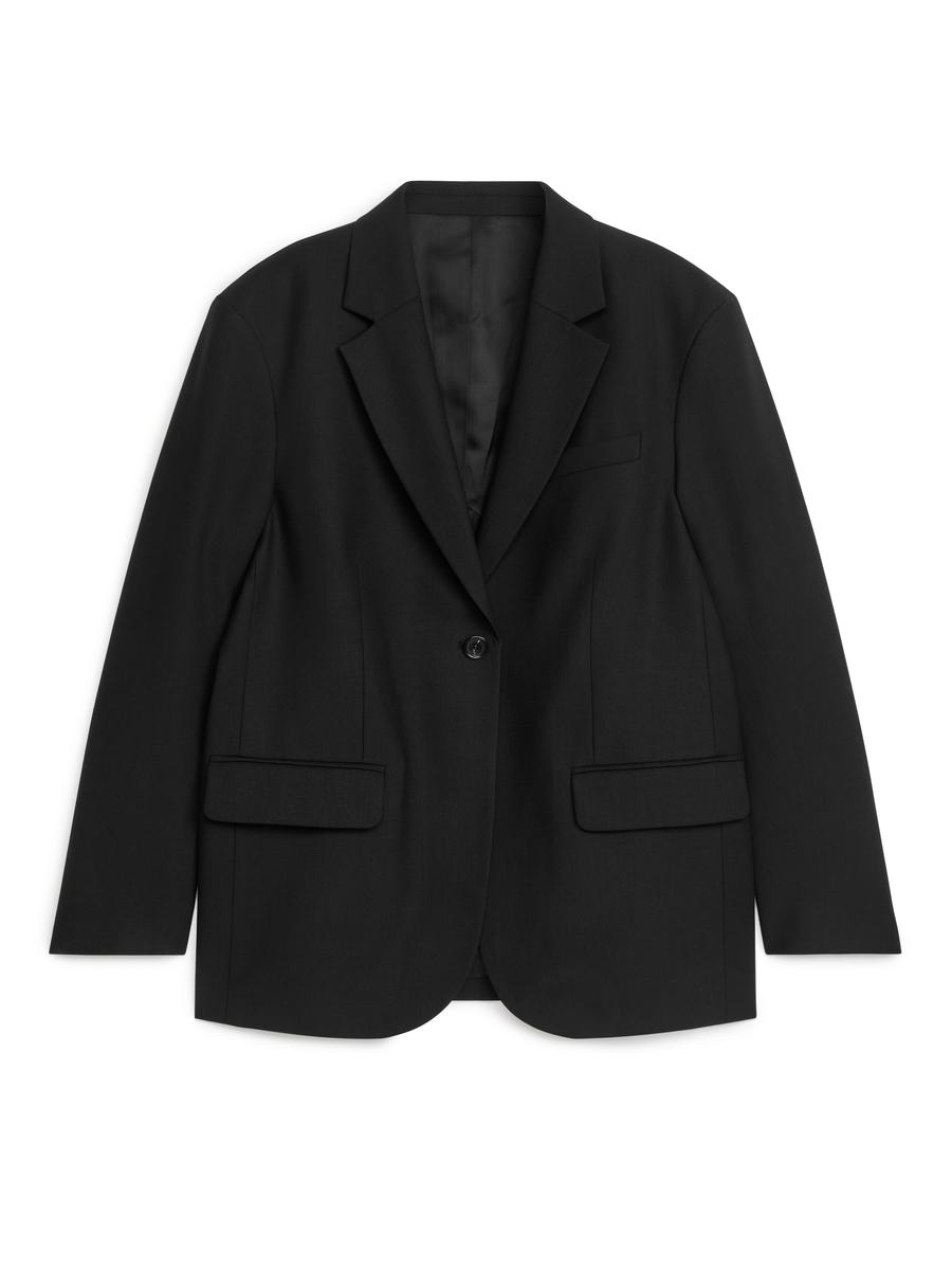 Oversized Wool Blend Twill Blazer-#272628-4757