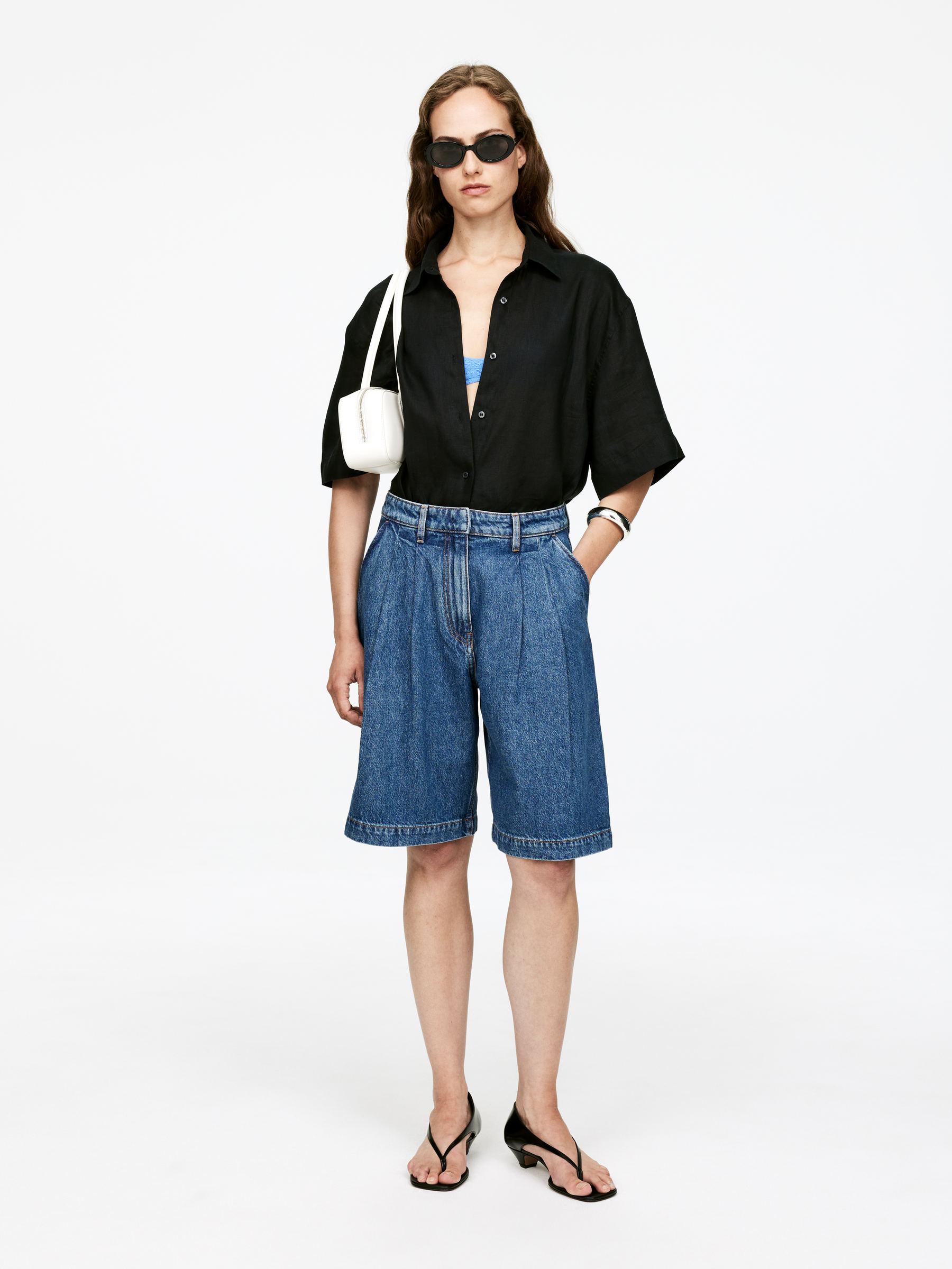 Pleated Denim Shorts-#455F8E-15857