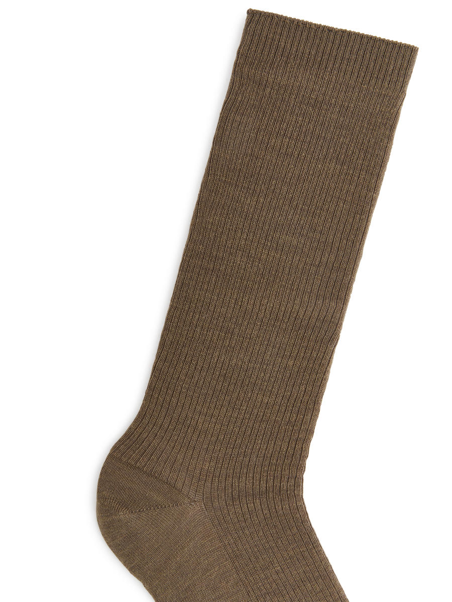 Chaussettes en laine côtelée - Marron - Femme - 1195762004