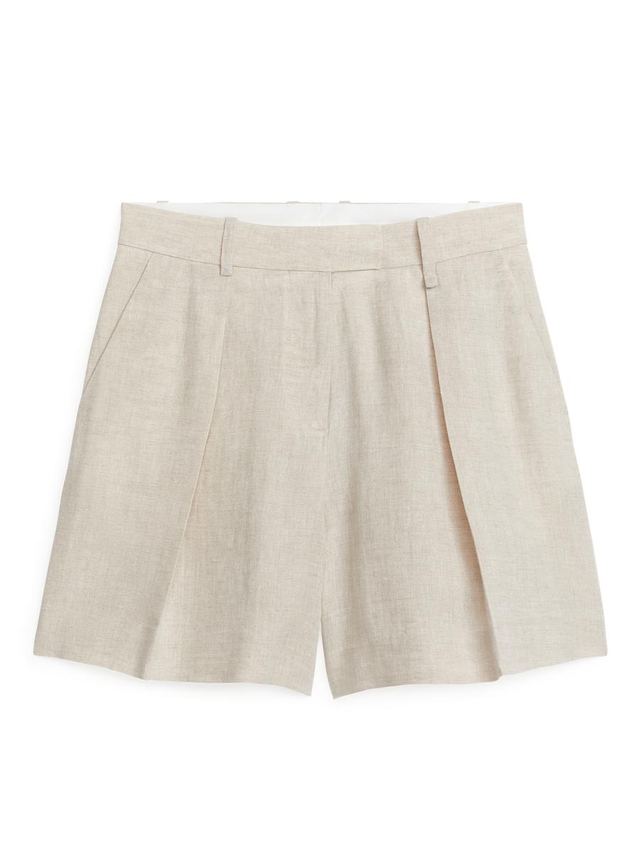 High Waist Linen Shorts-Beige-4625