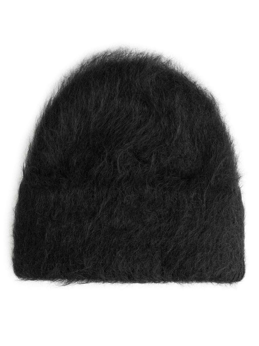 Mohair-Wool Blend Beanie-Black-6247